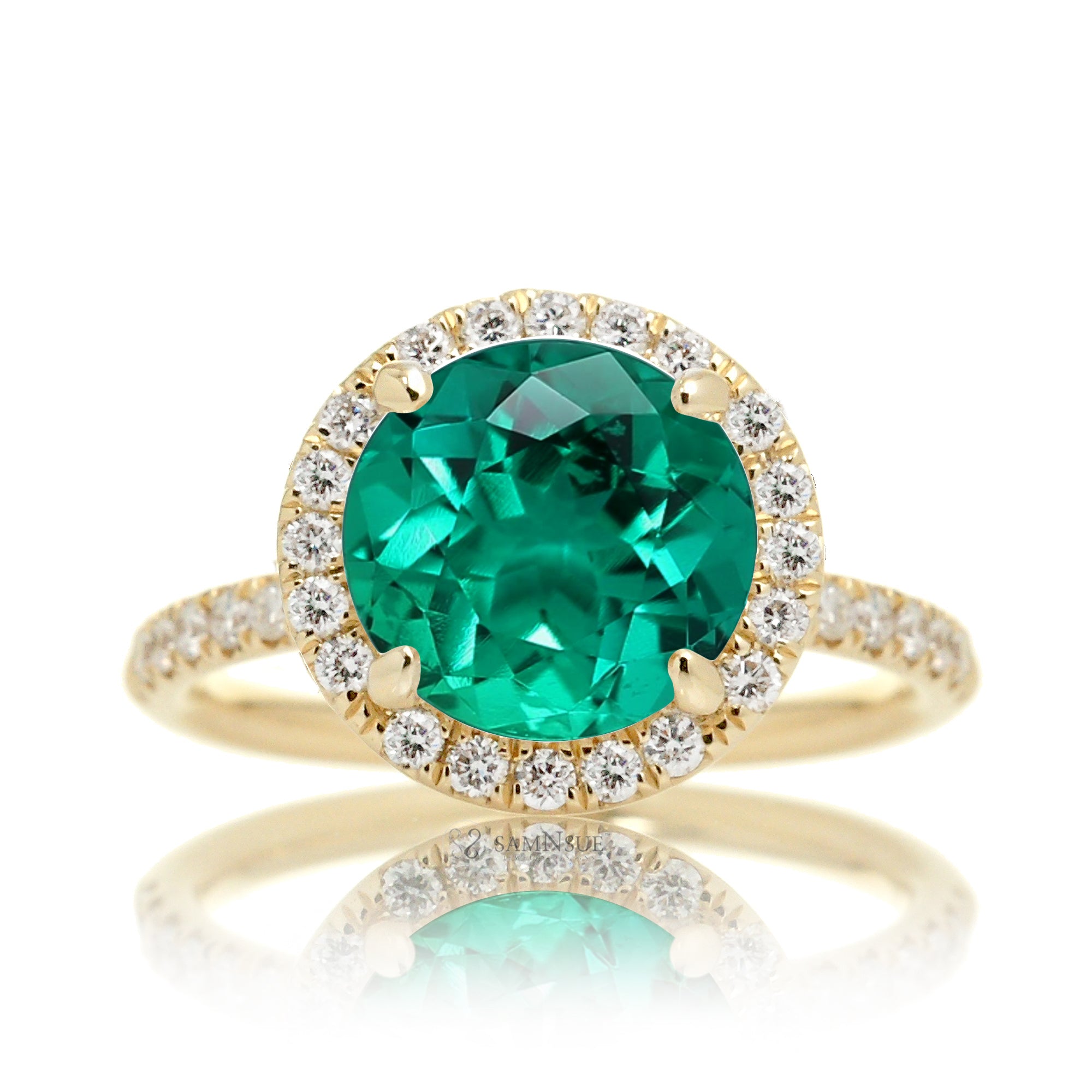 Round green emerald halo engagement ring the Drenched yellow gold