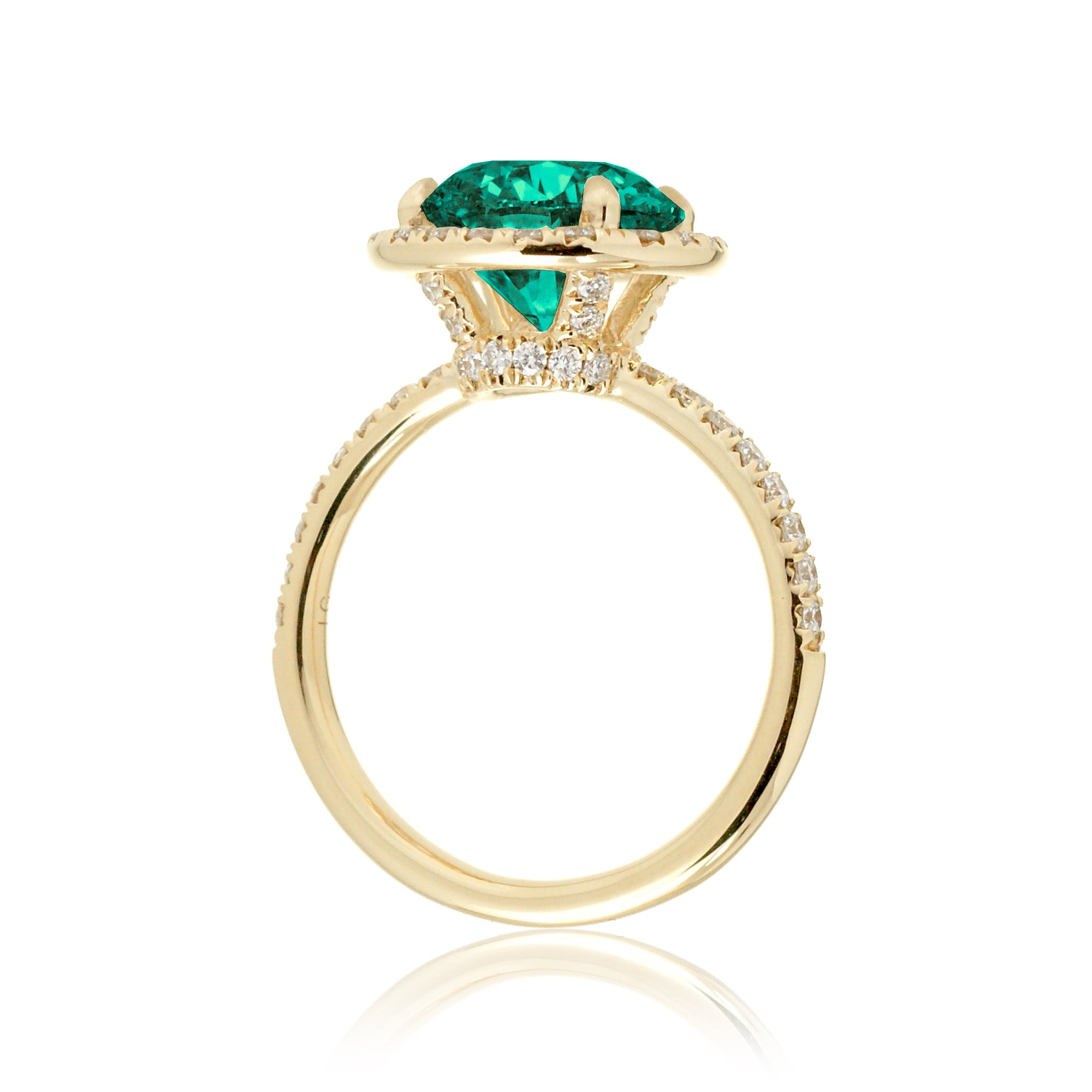 Round green emerald halo engagement ring the Drenched yellow gold