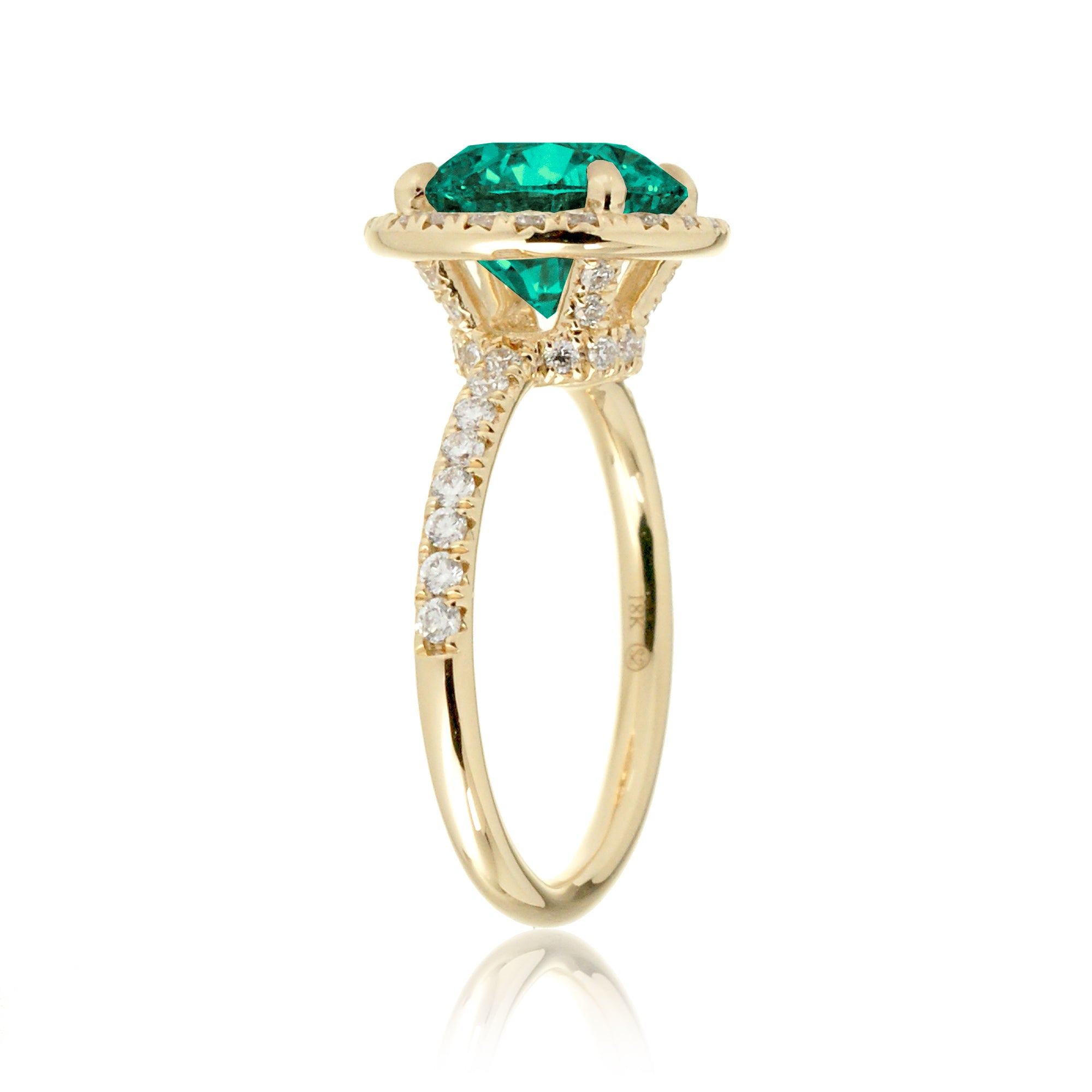 Round green emerald halo engagement ring the Drenched yellow gold