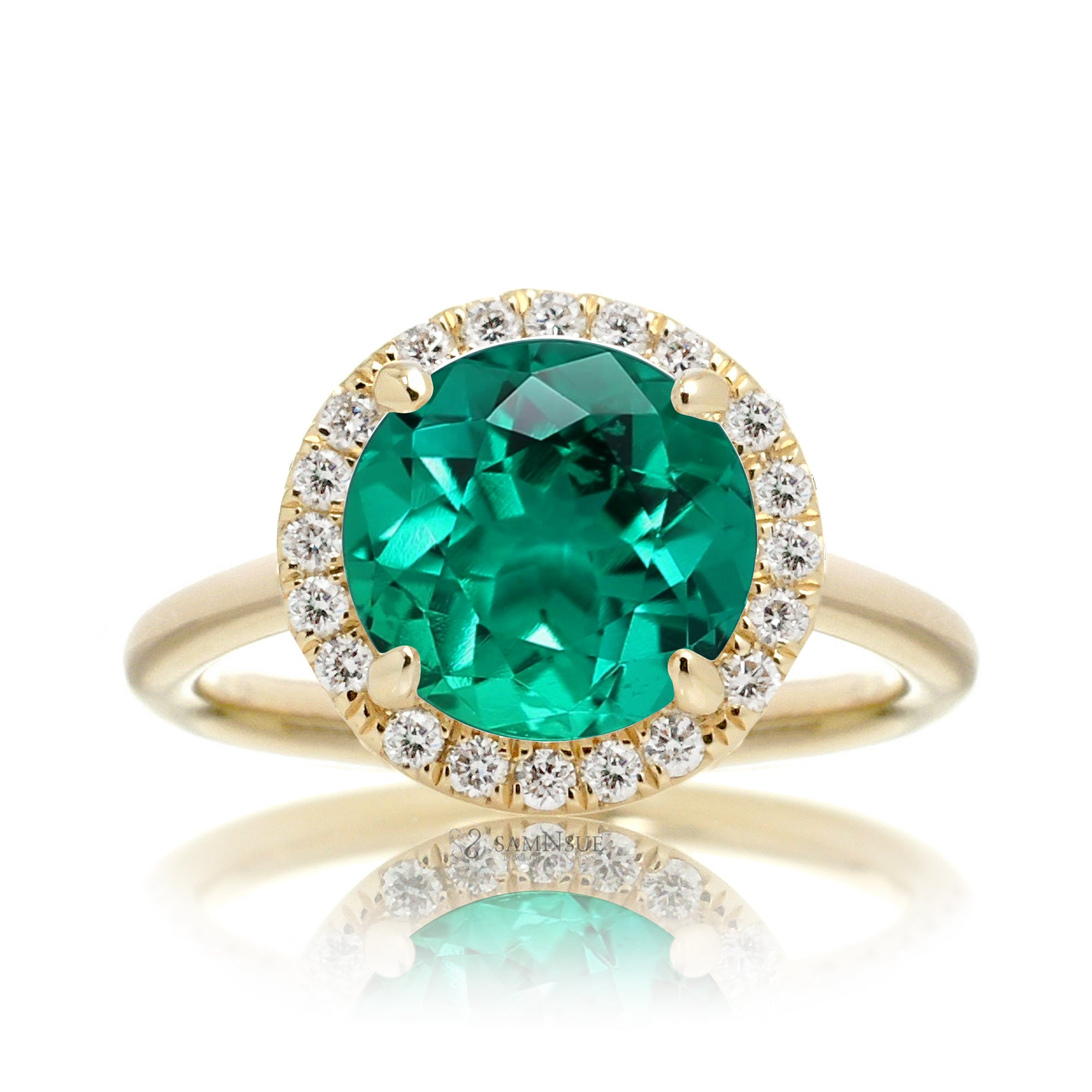 Round green emerald halo engagement ring the Drenched yellow gold solid band