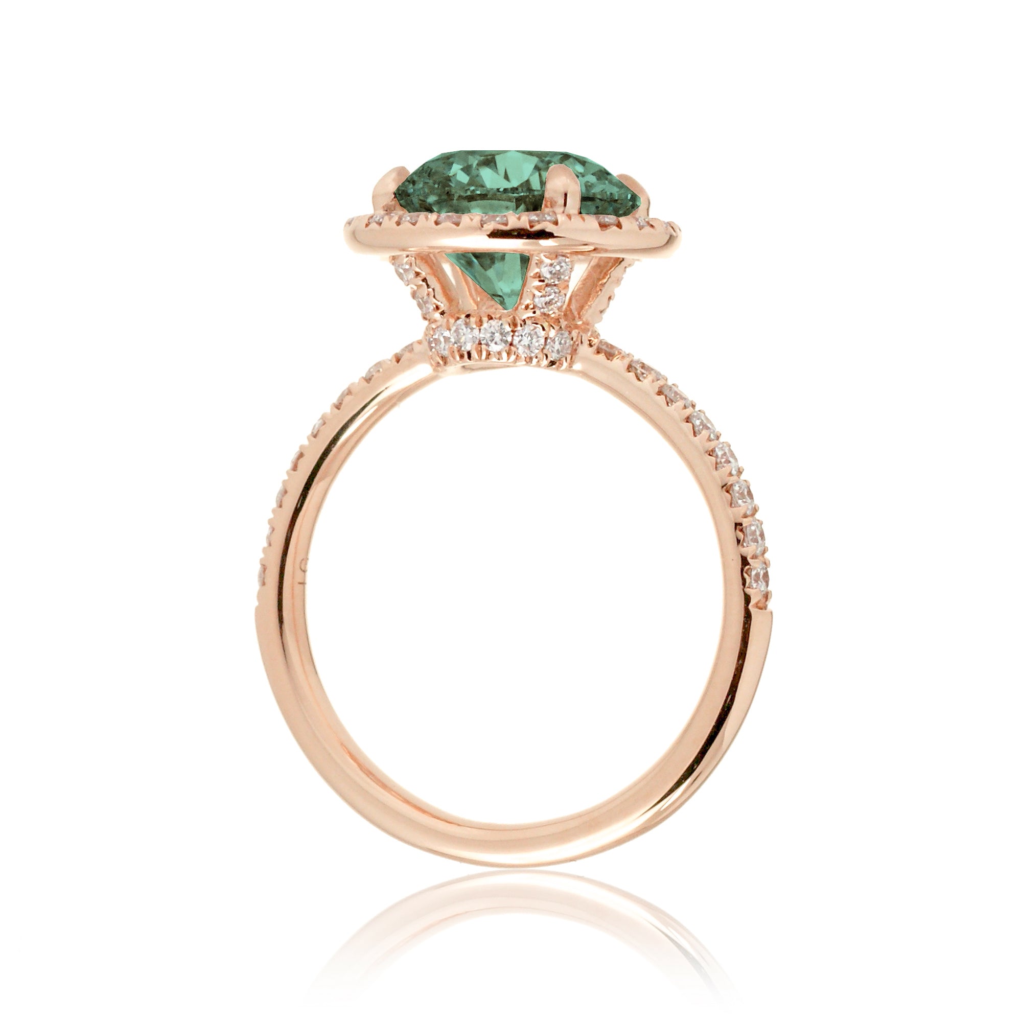 Round cut green sapphire engagement ring the Drenched rose gold side view