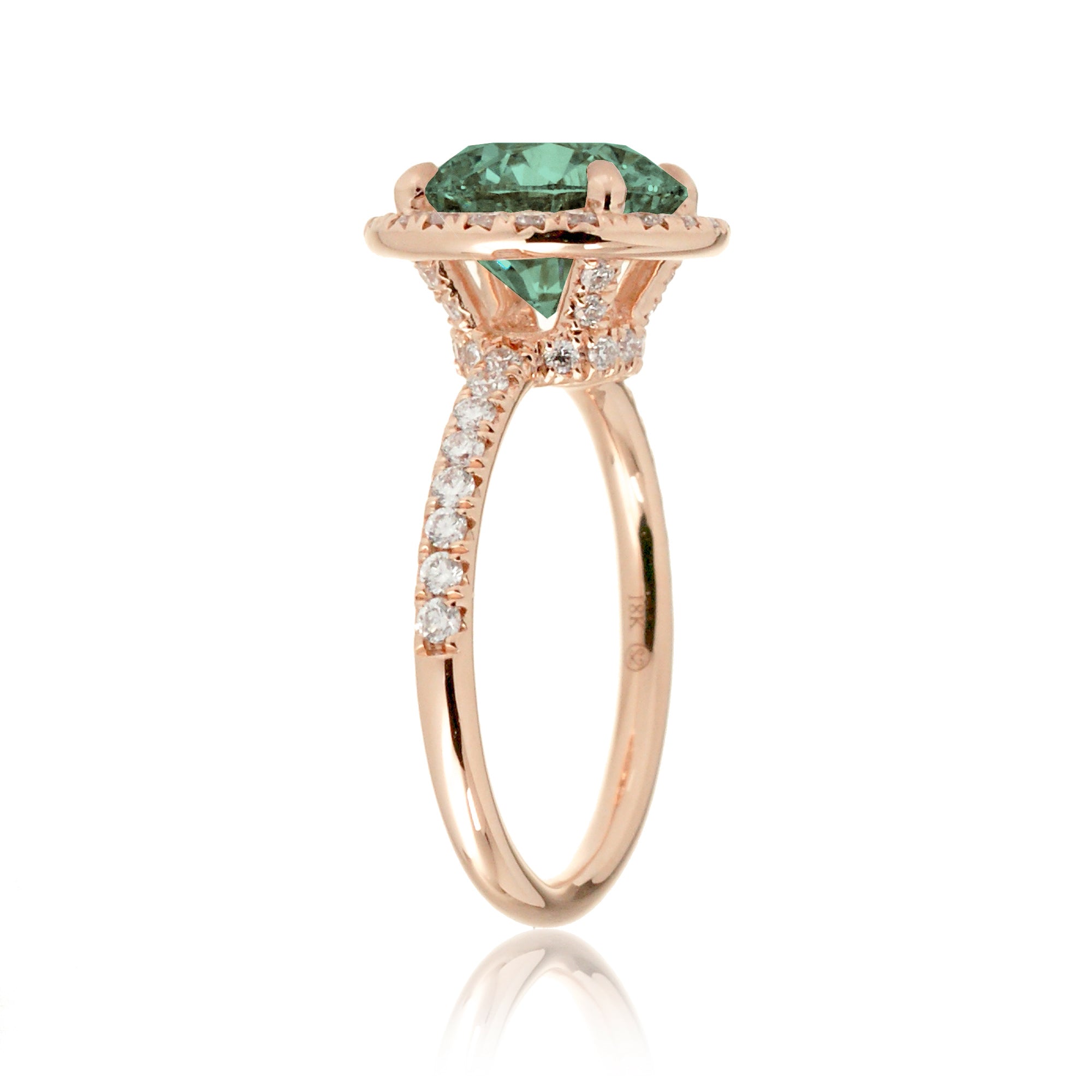 Round cut green sapphire engagement ring the Drenched rose gold profile view