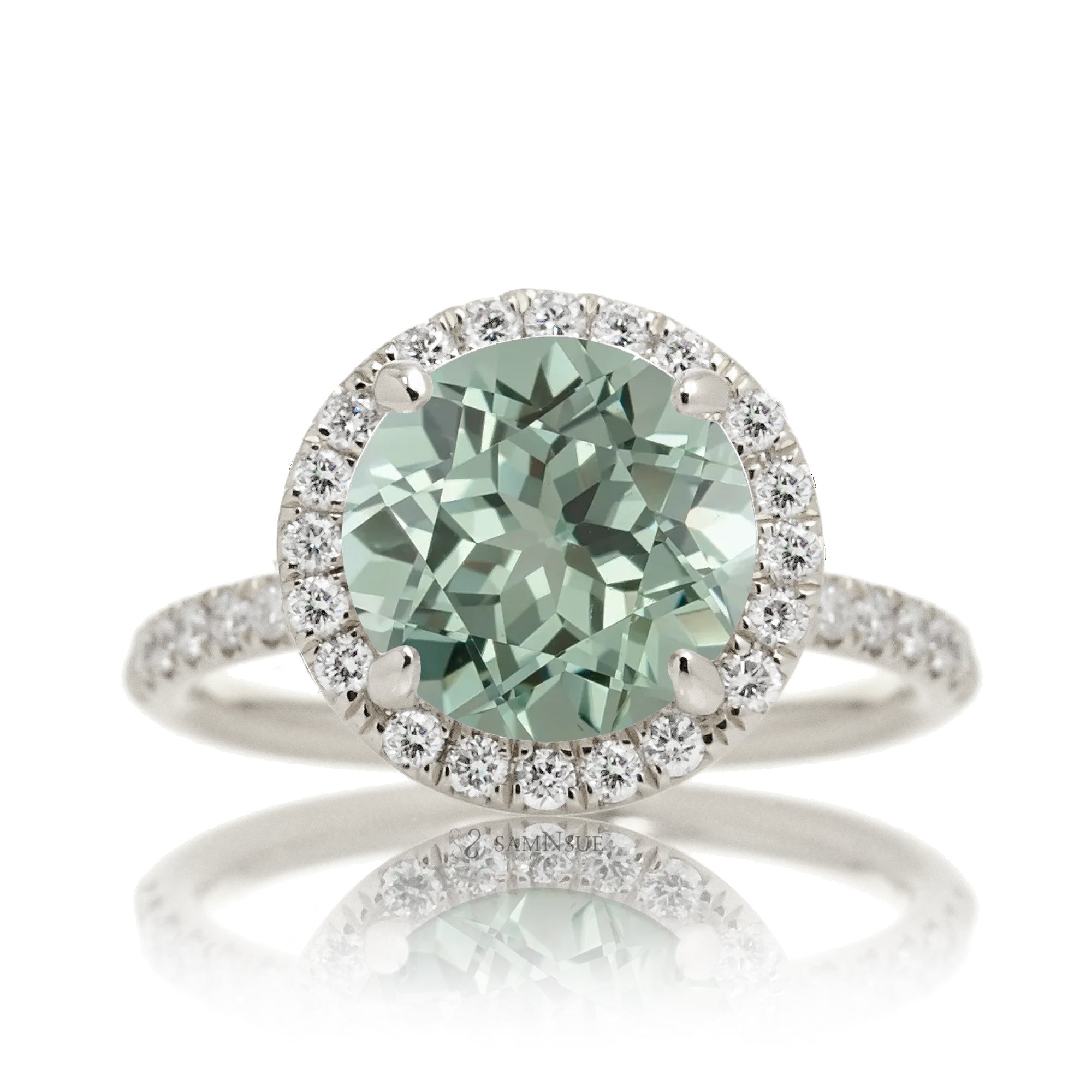 Round cut green sapphire engagement ring the Drenched white gold