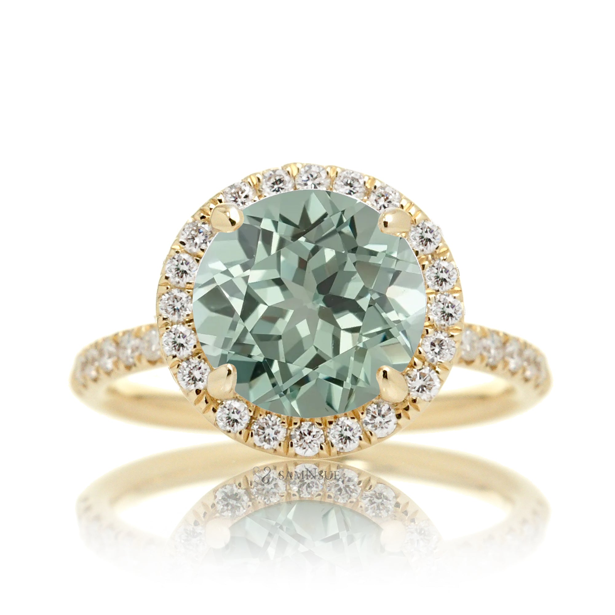 Round cut green sapphire engagement ring the Drenched yellow gold