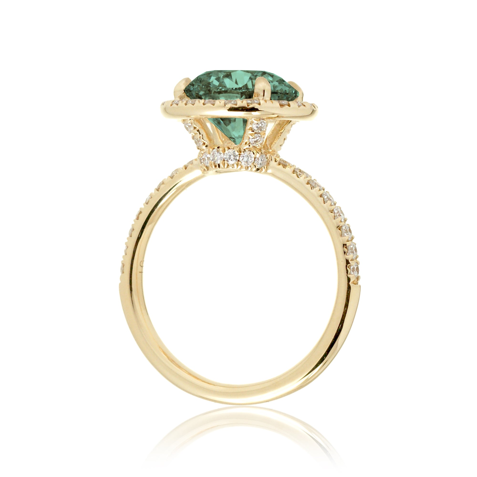 Round cut green sapphire engagement ring the Drenched yellow gold side view