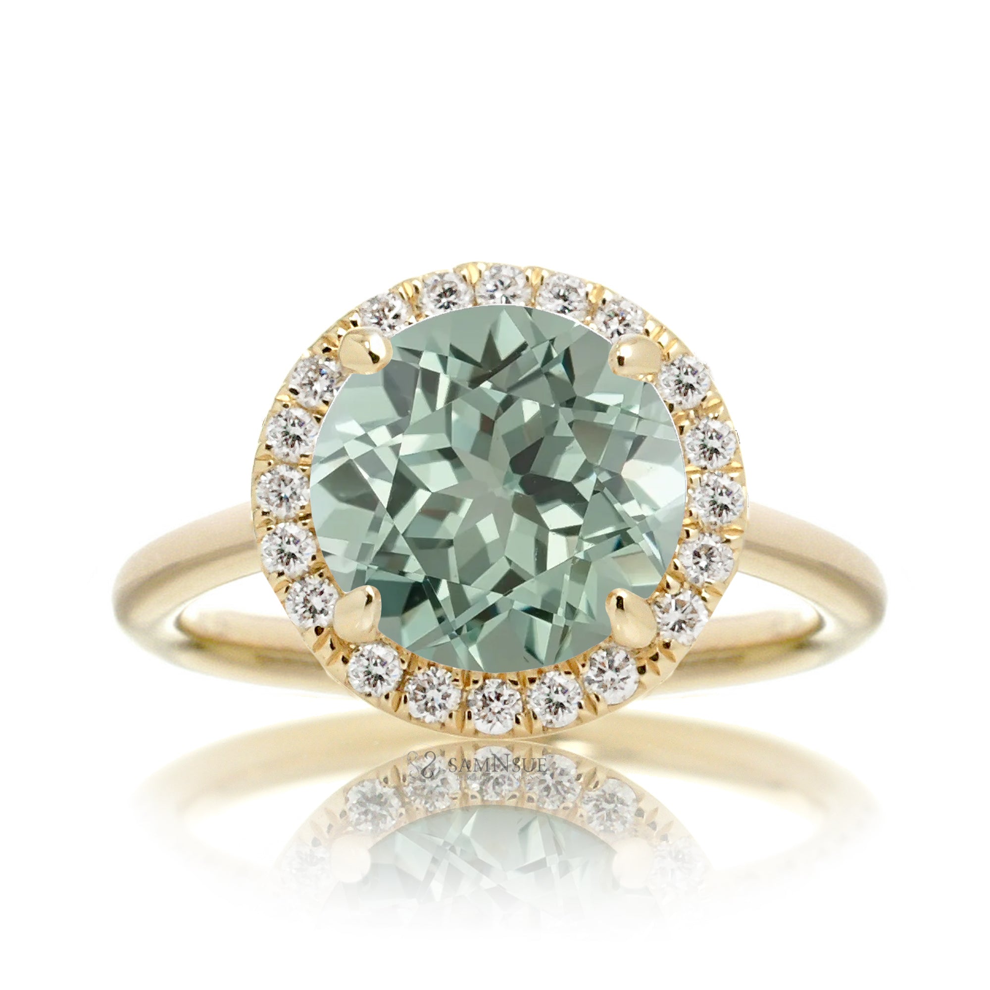 Round cut green sapphire engagement ring the Drenched yellow gold solid band