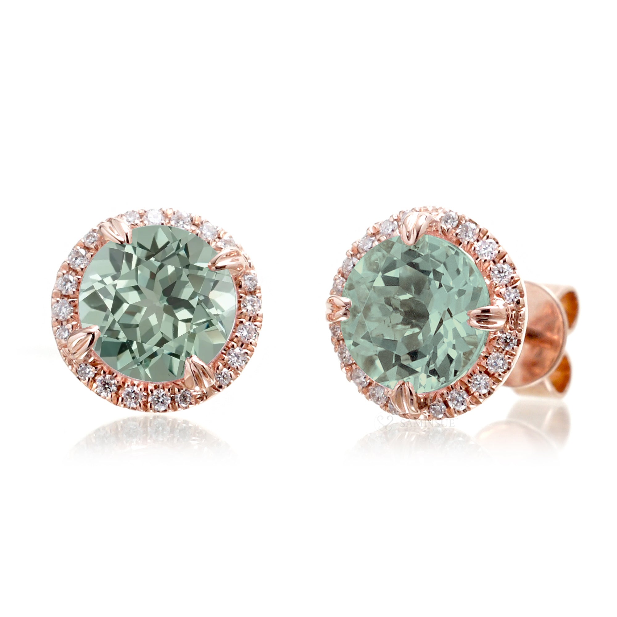 Green sapphire stud diamond halo earrings in rose gold