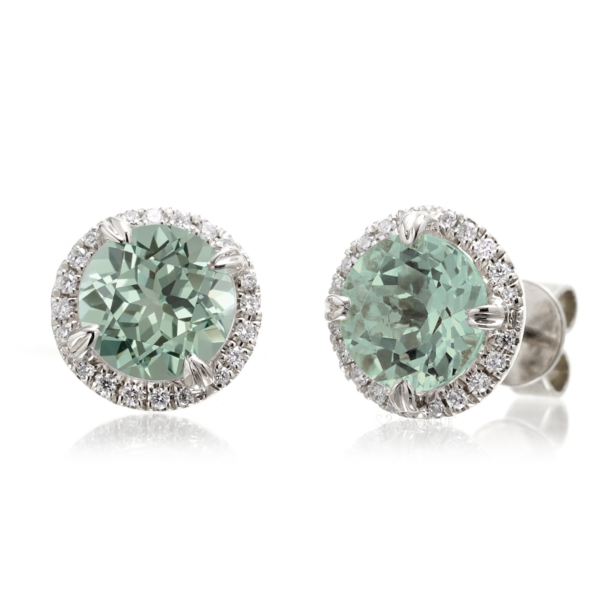 Green sapphire stud diamond halo earrings in white gold