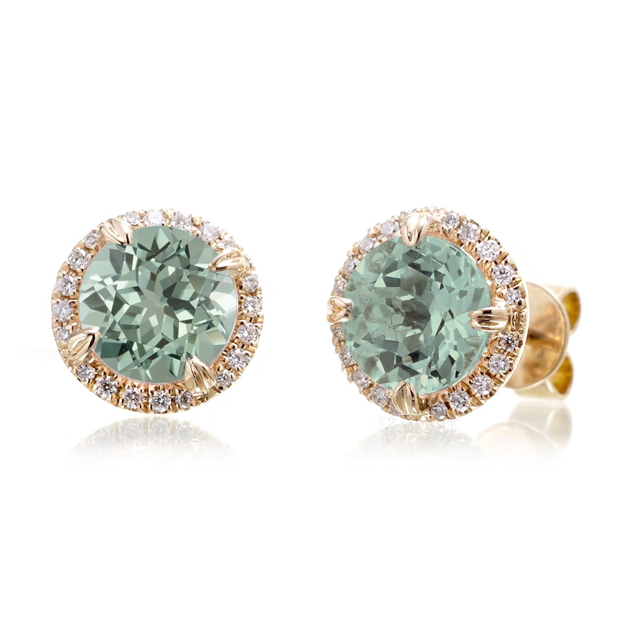 Green sapphire stud diamond halo earrings in yellow gold