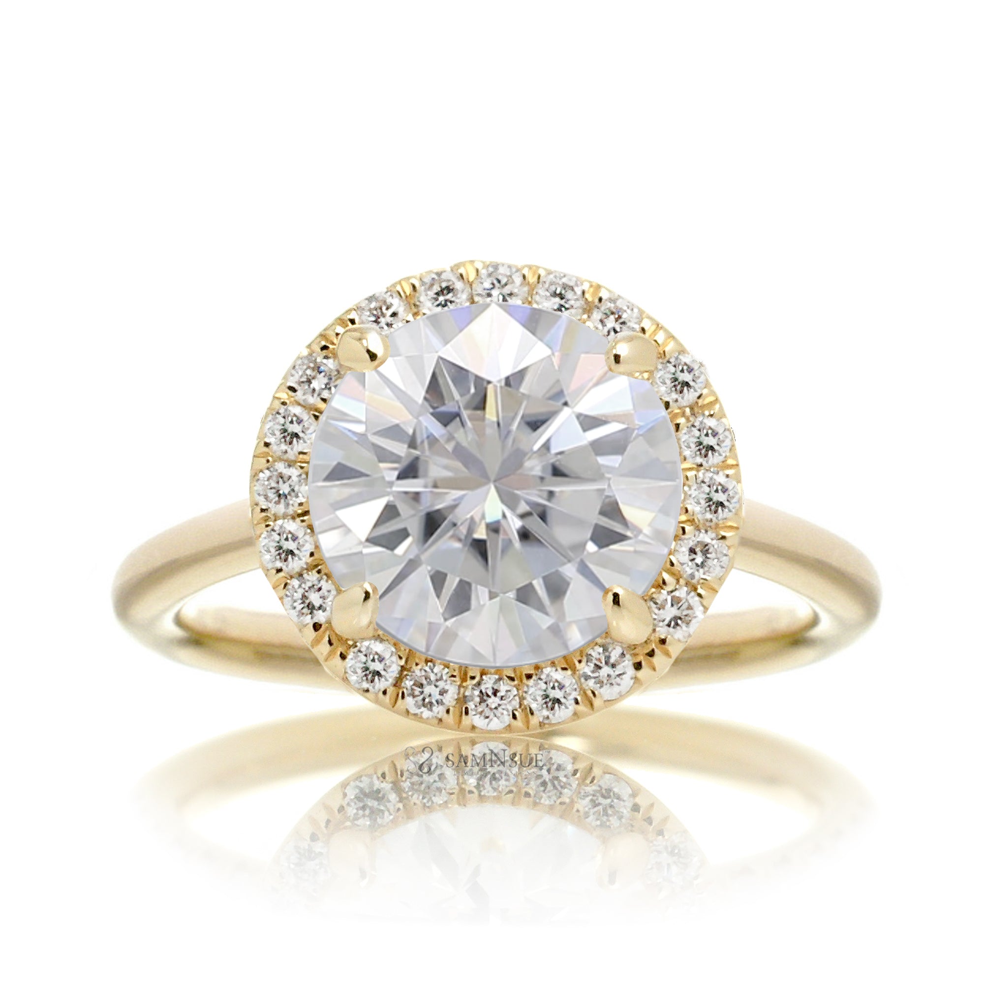 Round brilliant cut moissanite engagement ring with a diamond halo the Drenched yellow gold solid band