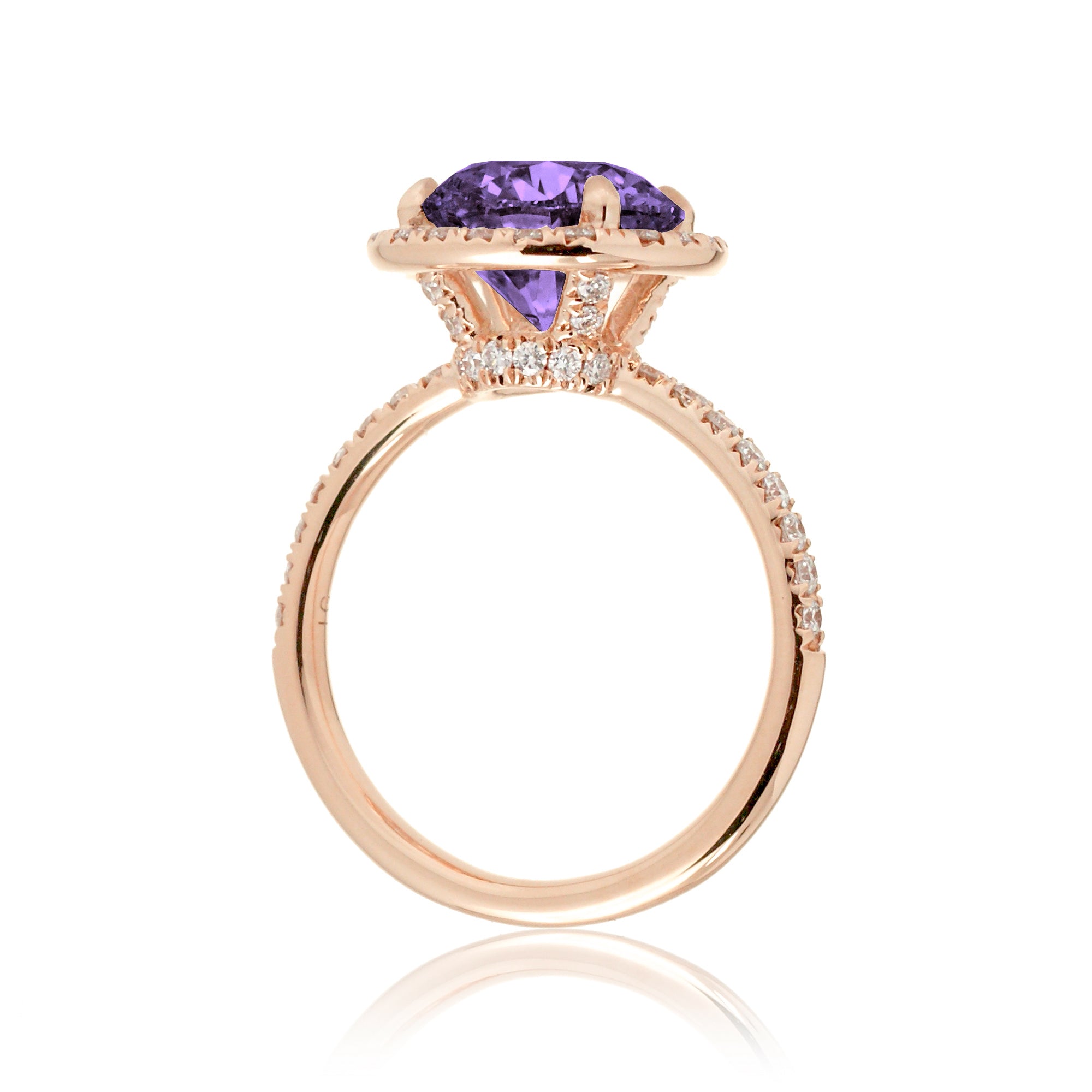 Purple round cut sapphire engagement ring the Drenched rose gold side view