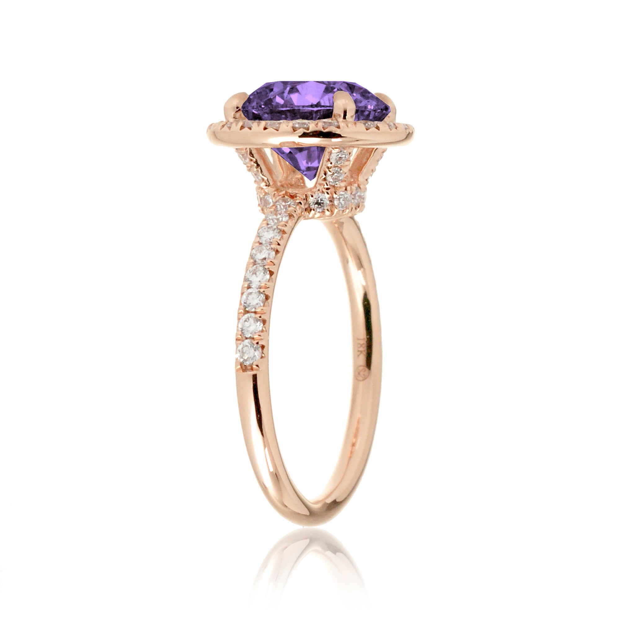 Purple round cut sapphire engagement ring the Drenched rose gold profile view