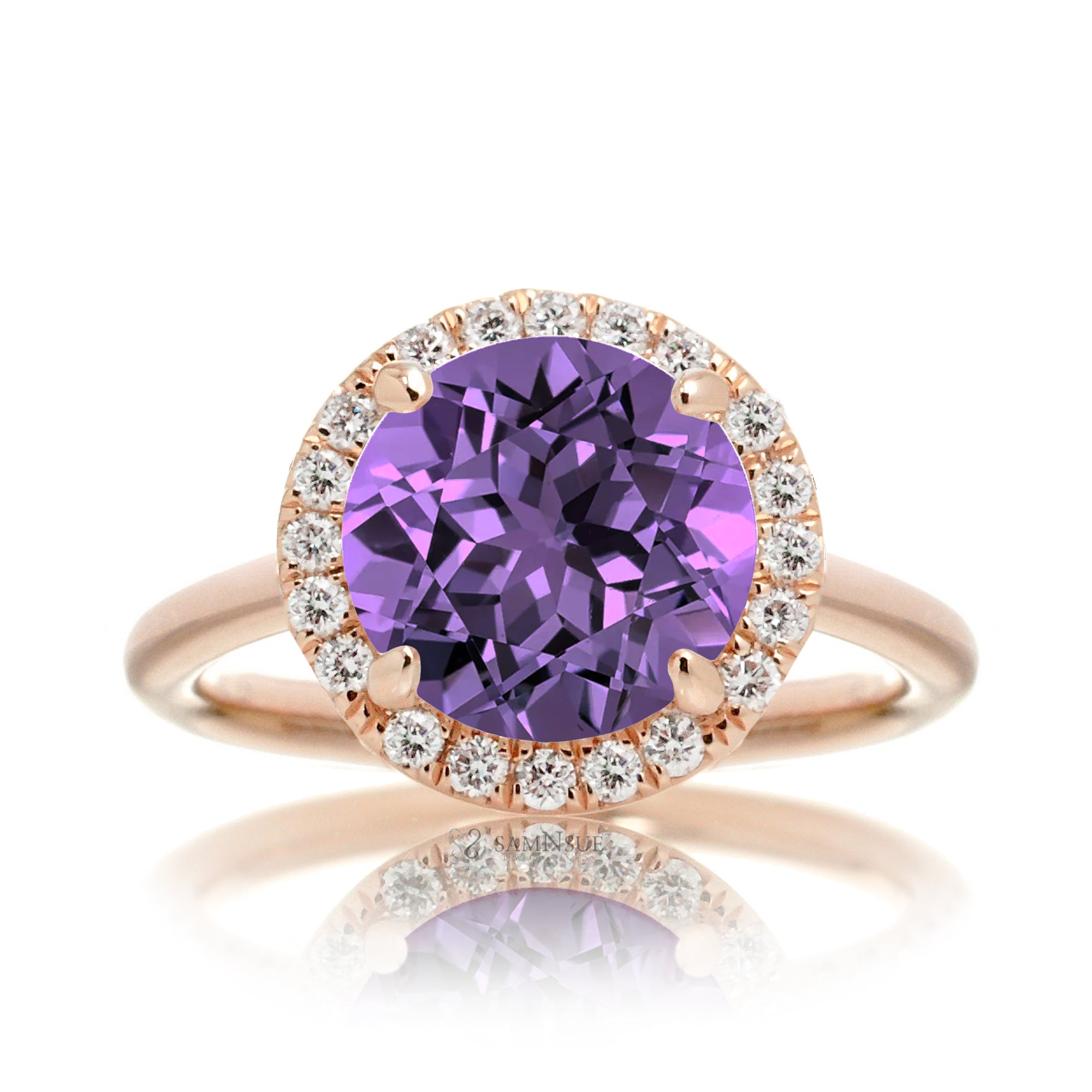 Purple round cut sapphire engagement ring the Drenched rose gold solid band