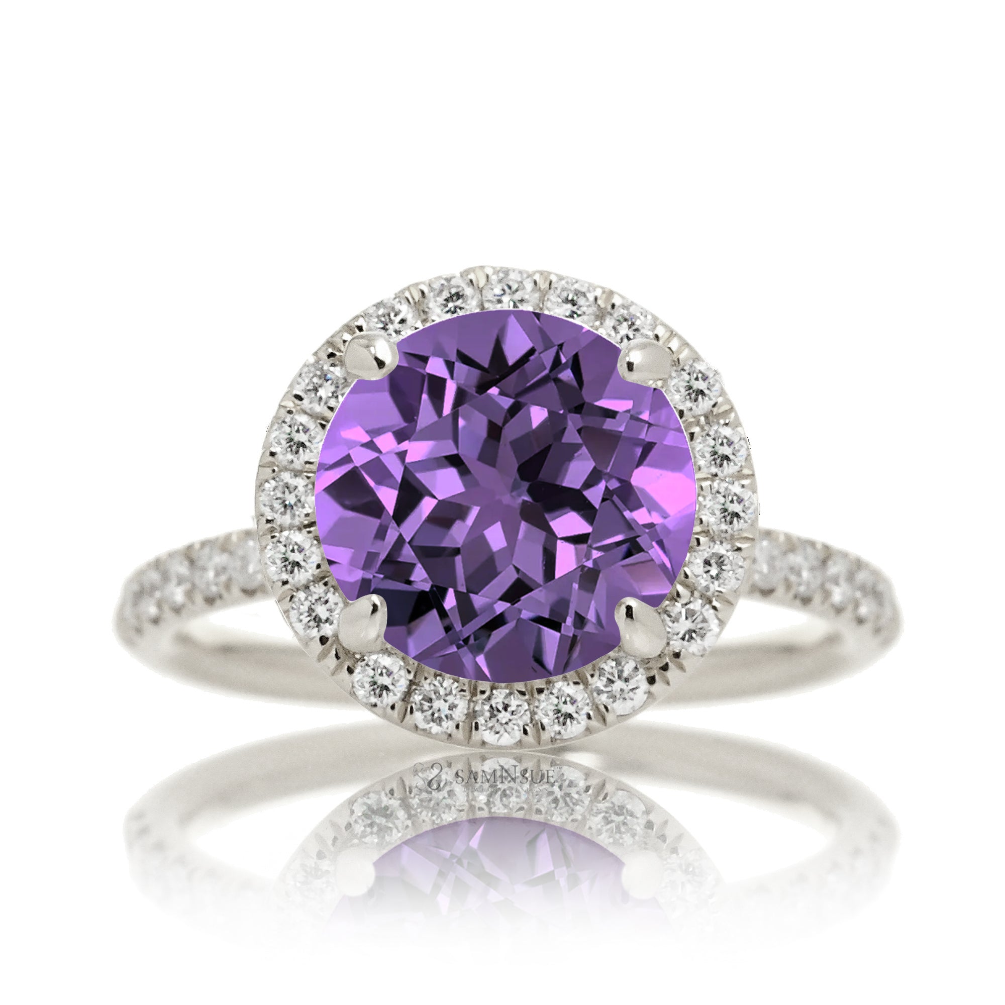 Purple round cut sapphire engagement ring the Drenched white gold