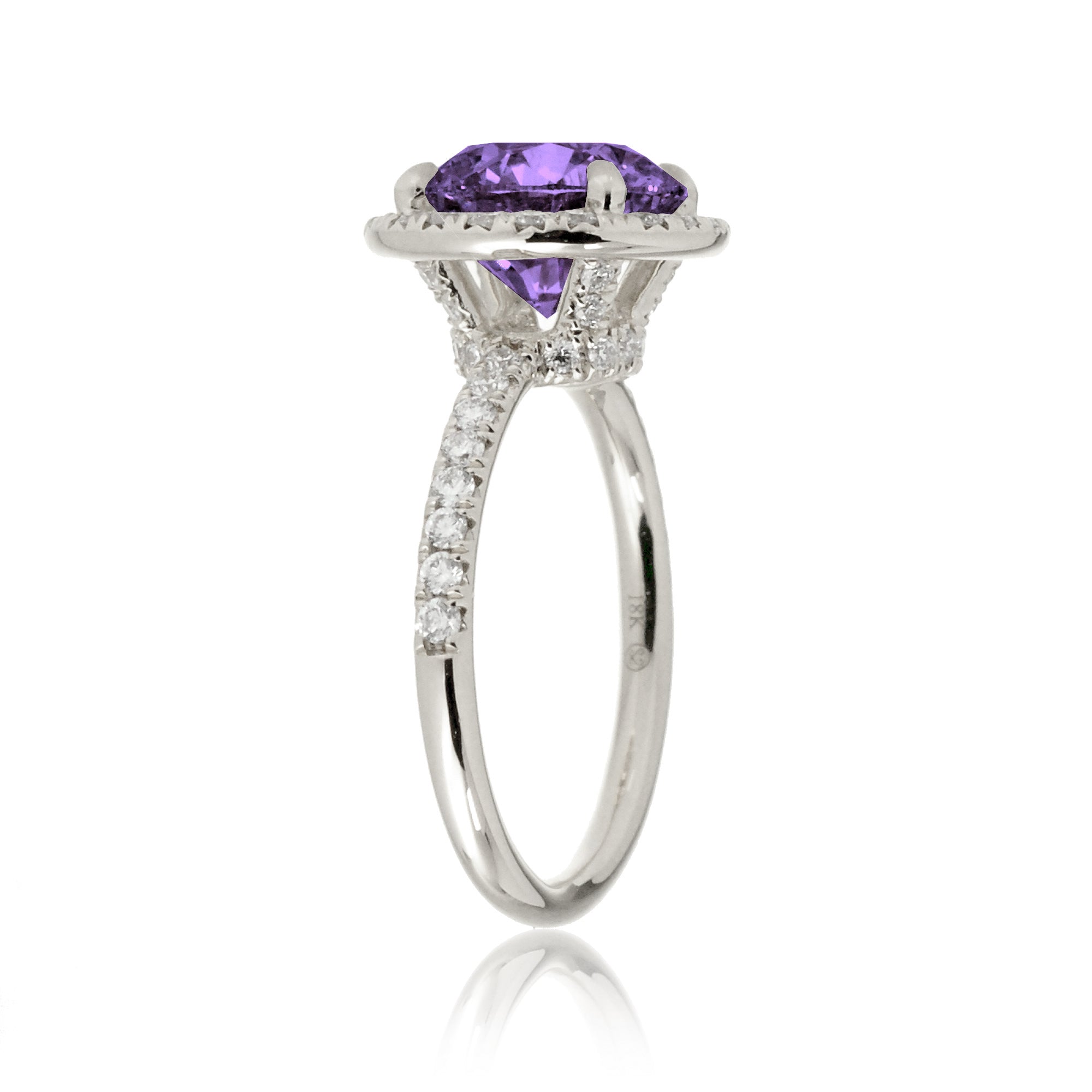 Purple round cut sapphire engagement ring the Drenched white gold