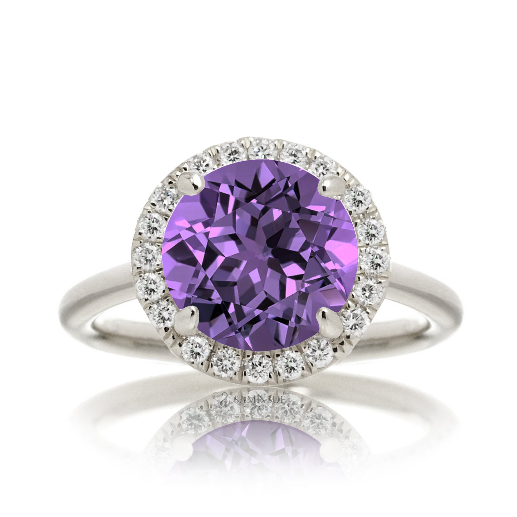 Purple round cut sapphire engagement ring the Drenched white gold solid band