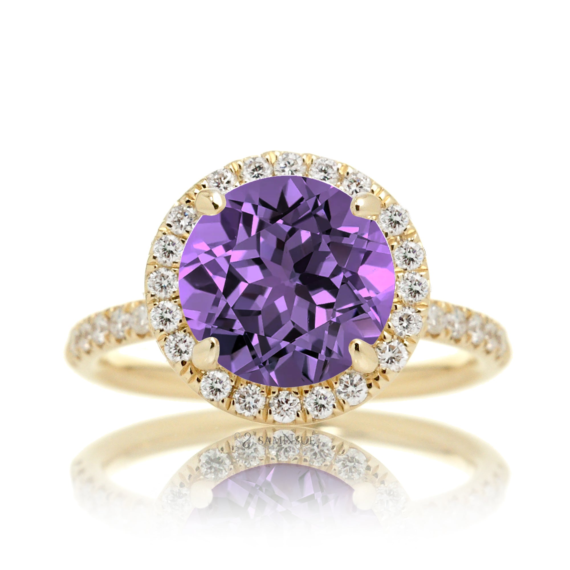 Purple round cut sapphire engagement ring the Drenched yellow gold