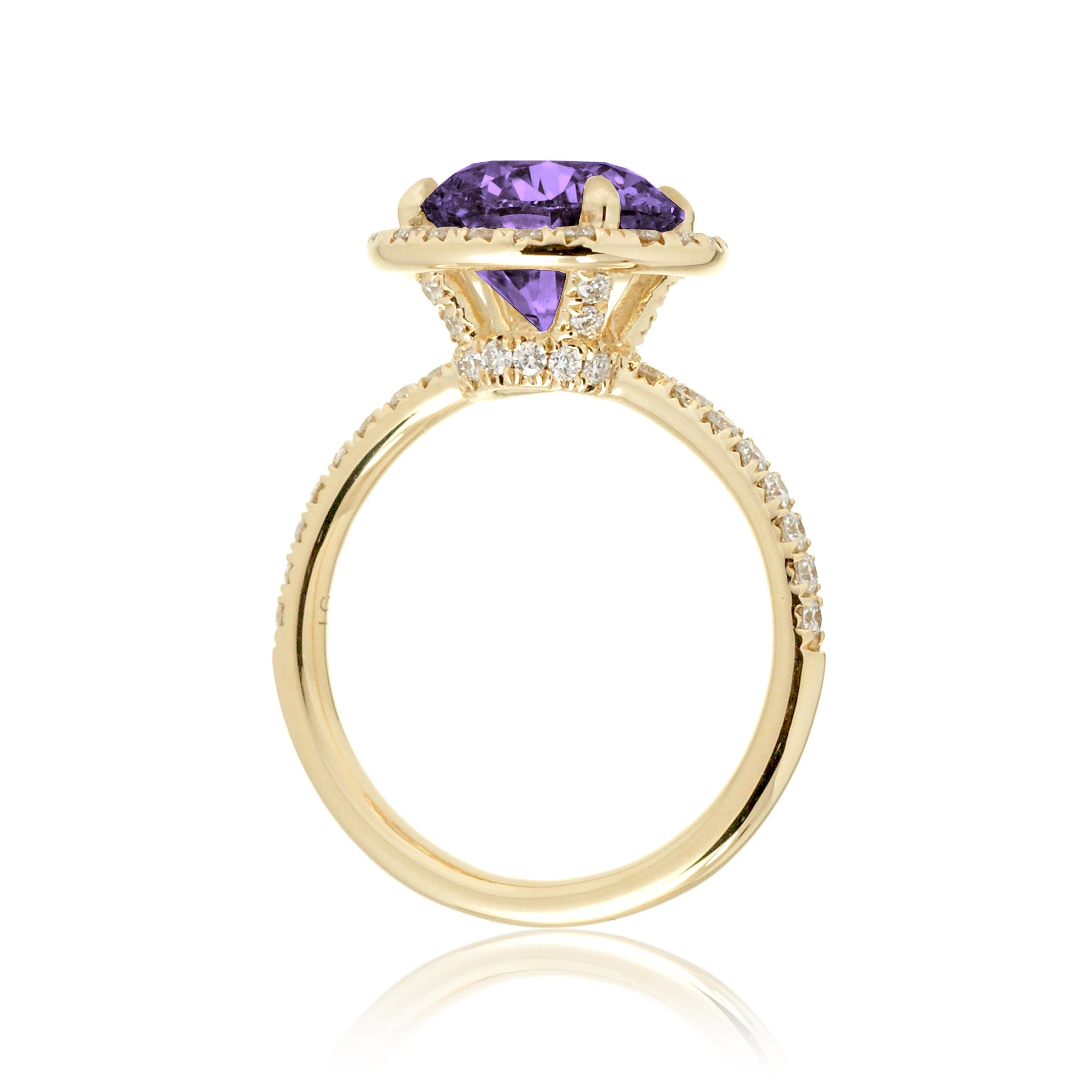 Purple round cut sapphire engagement ring the Drenched yellow gold side view