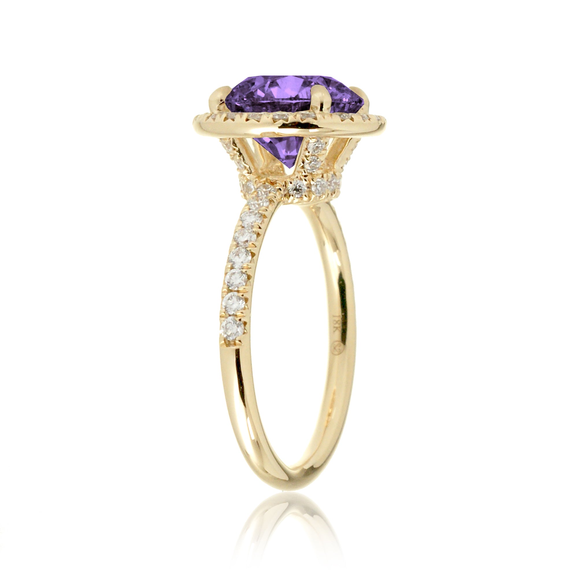 Purple round cut sapphire engagement ring the Drenched yellow gold profile view