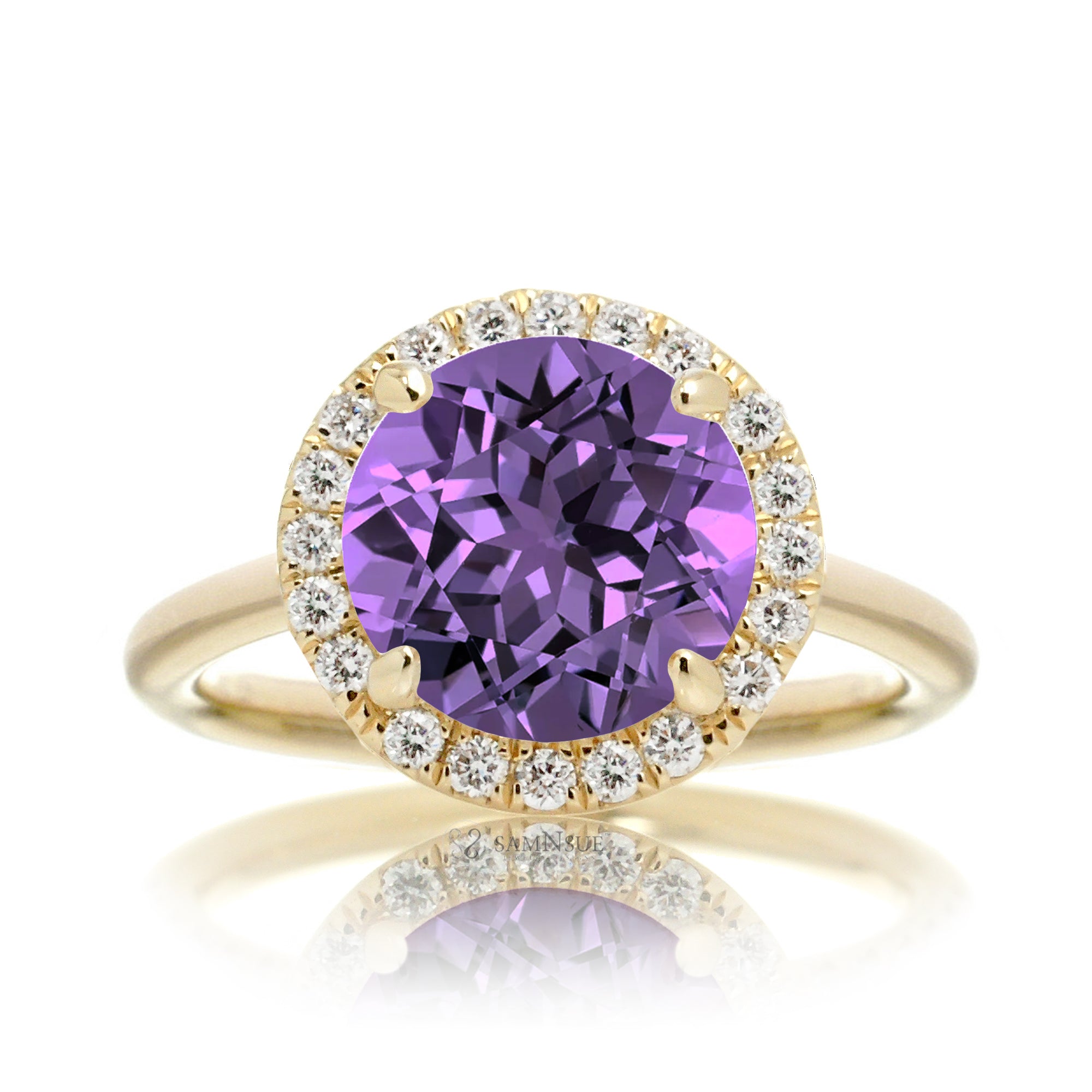 Purple round cut sapphire engagement ring the Drenched yellow gold solid band