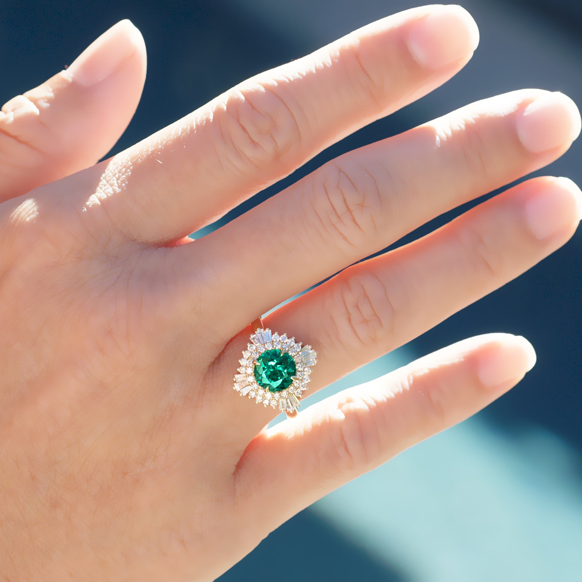 The Sonia Round Cut Emerald Diamond Ballerina Ring