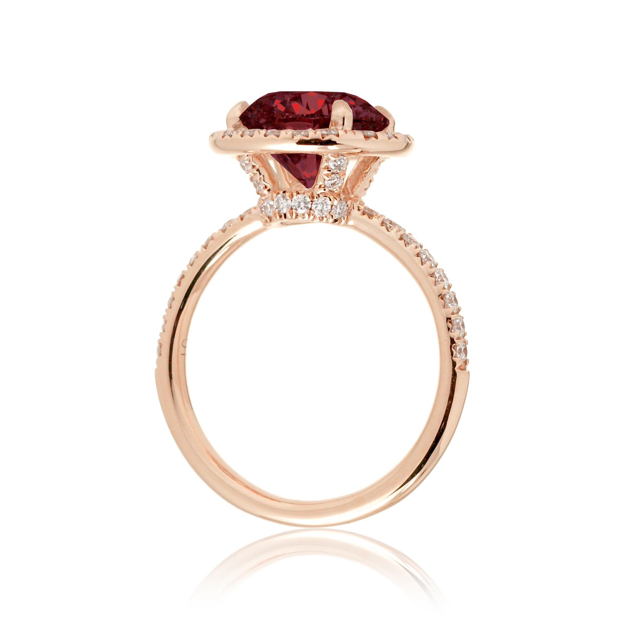 Ruby engagement ring round cut the Drenched rose gold side view