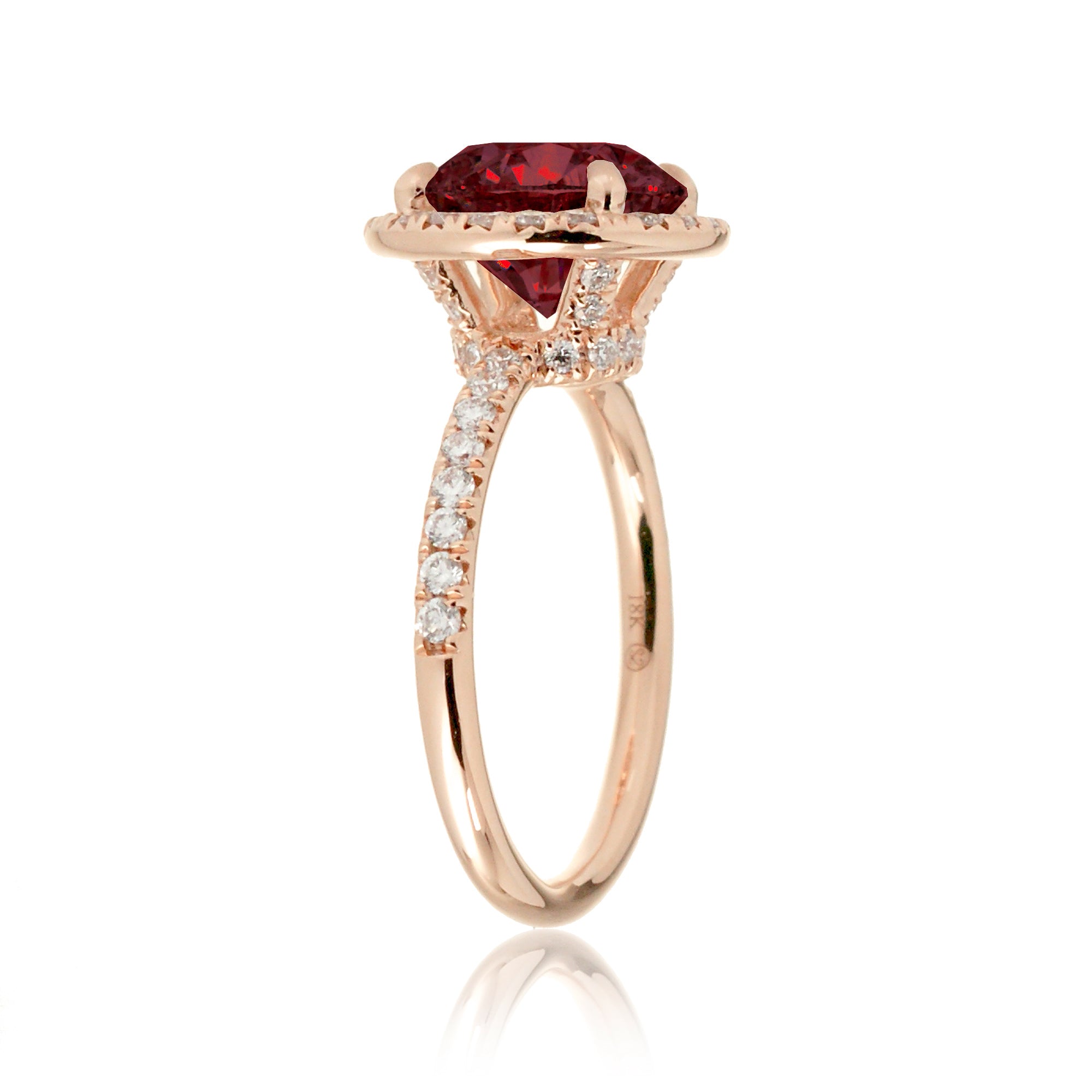 Ruby engagement ring round cut the Drenched rose gold profile view