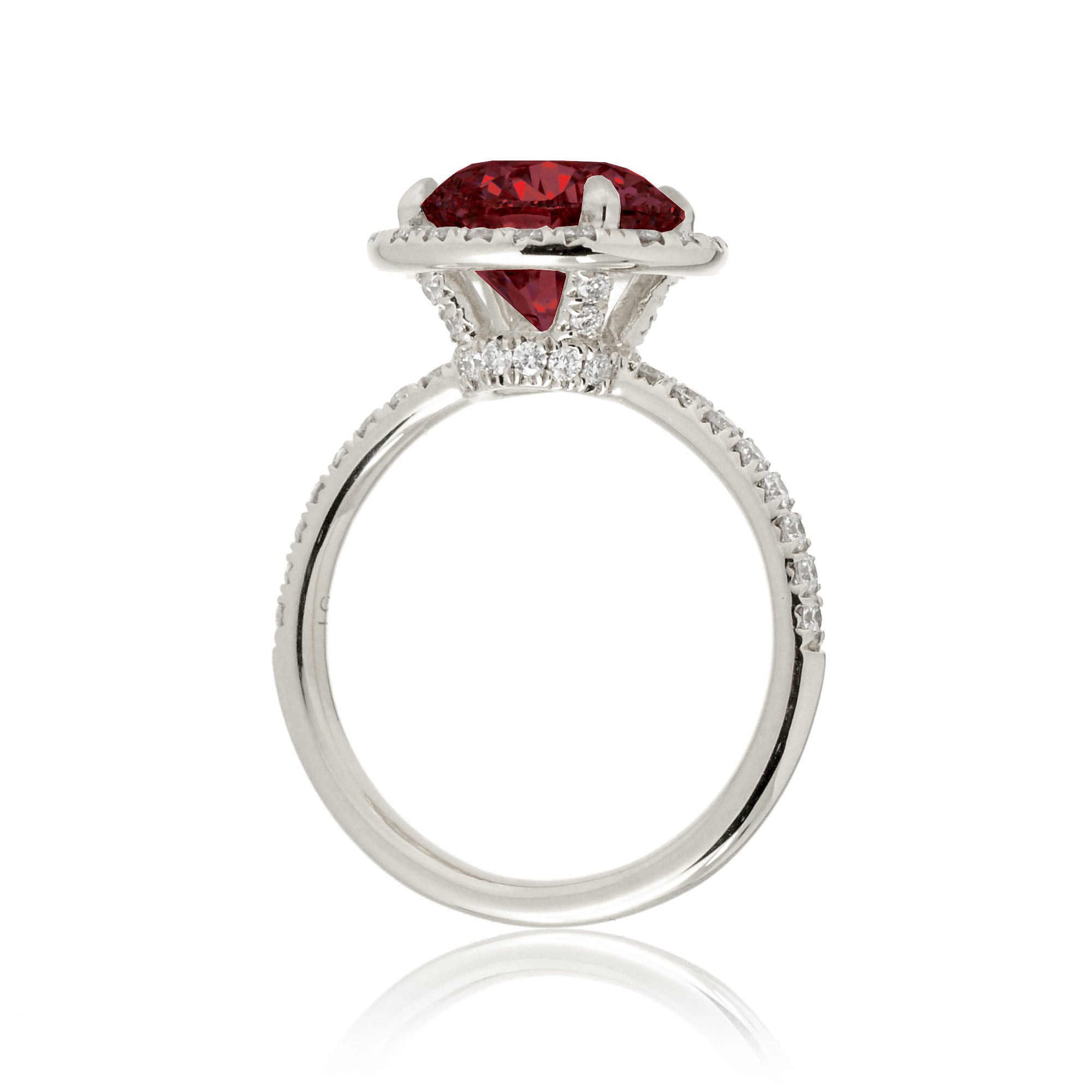 Ruby engagement ring round cut the Drenched white gold side view