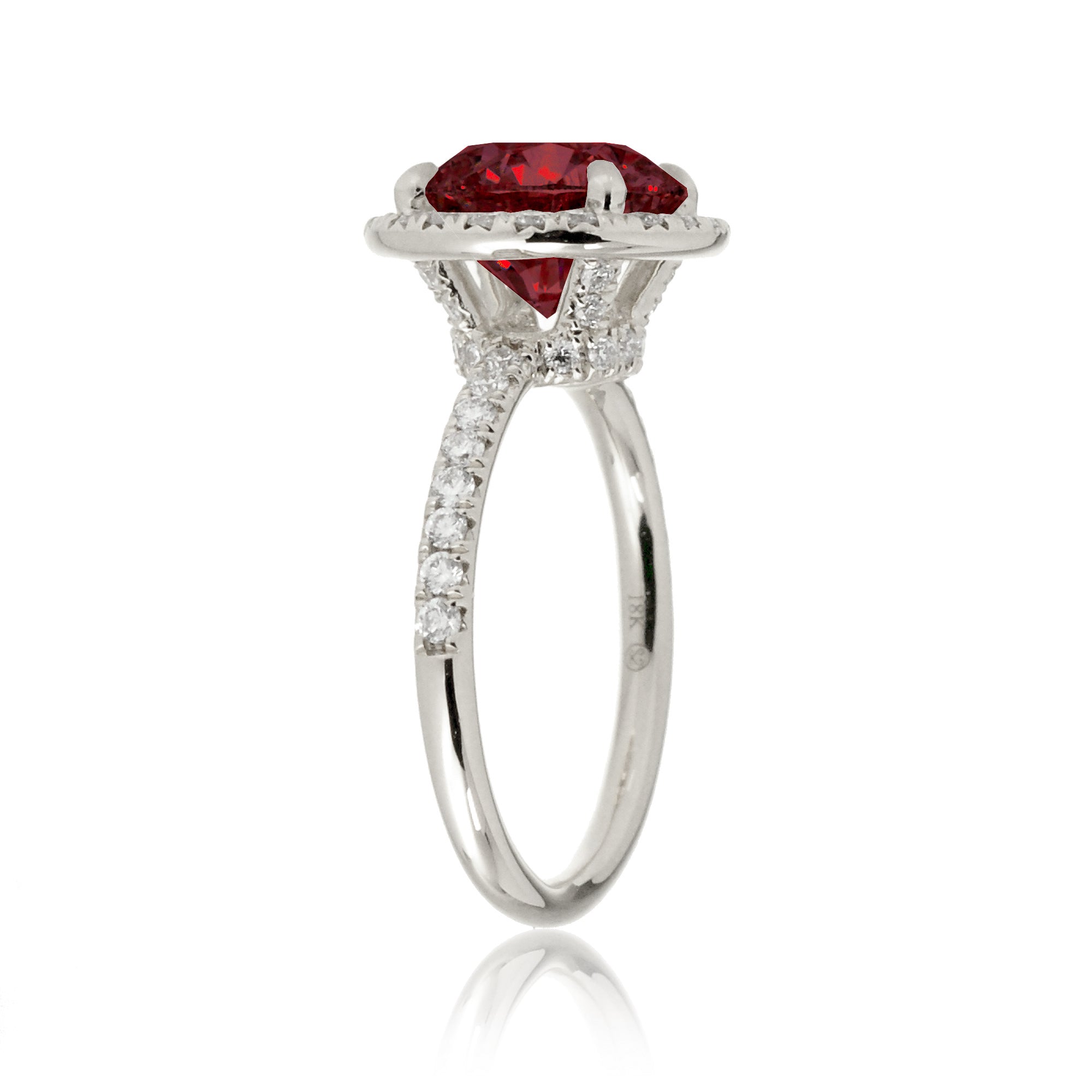 Ruby engagement ring round cut the Drenched white gold profile view