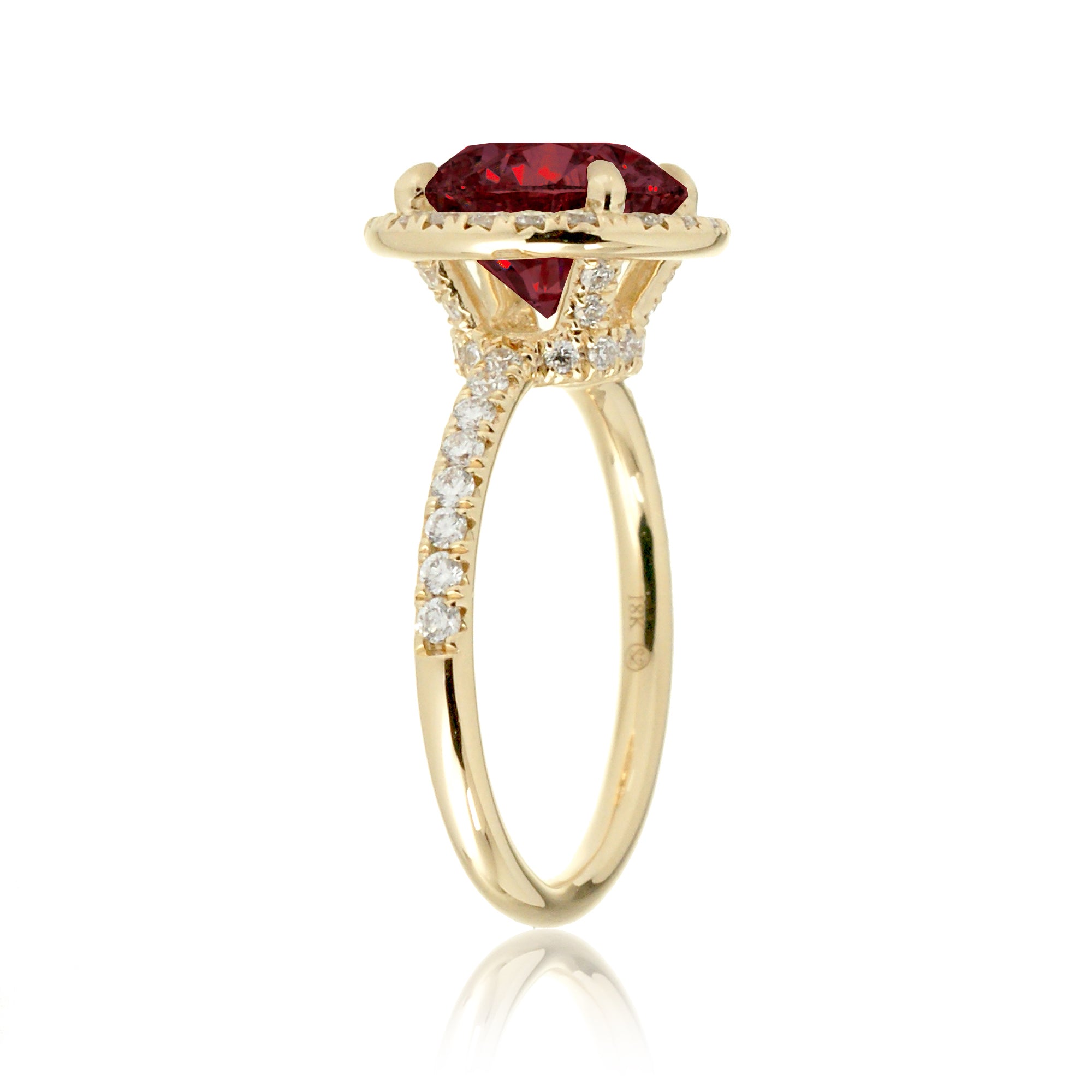 Ruby engagement ring round cut the Drenched yellow gold profile view