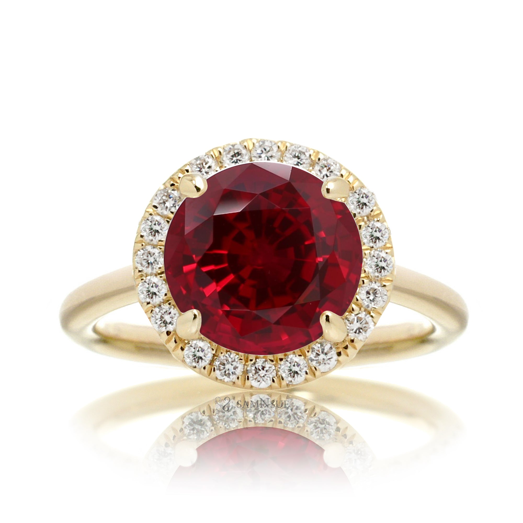 Ruby engagement ring round cut the Drenched yellow gold solid band