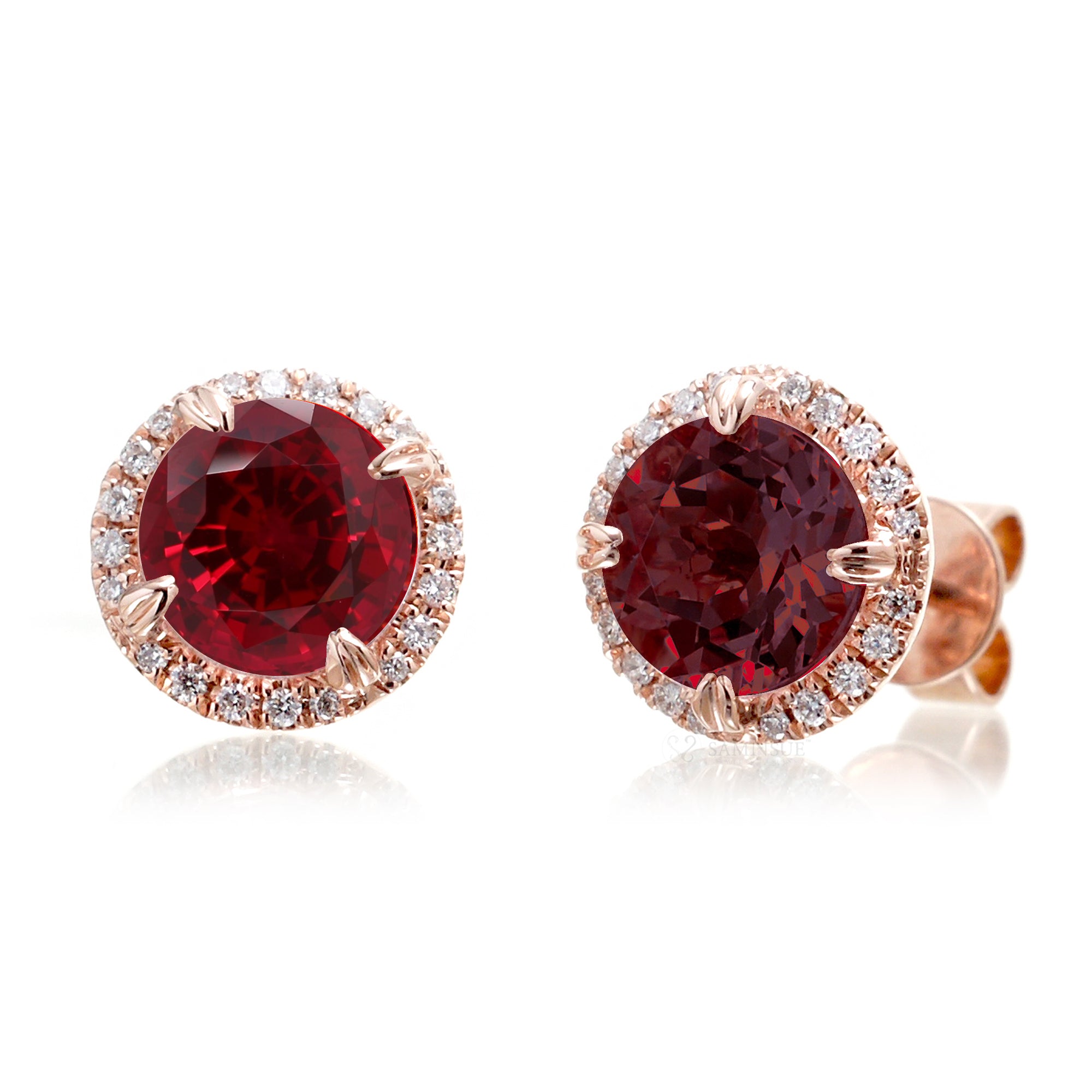 Round ruby stud earrings with diamond halo in rose gold