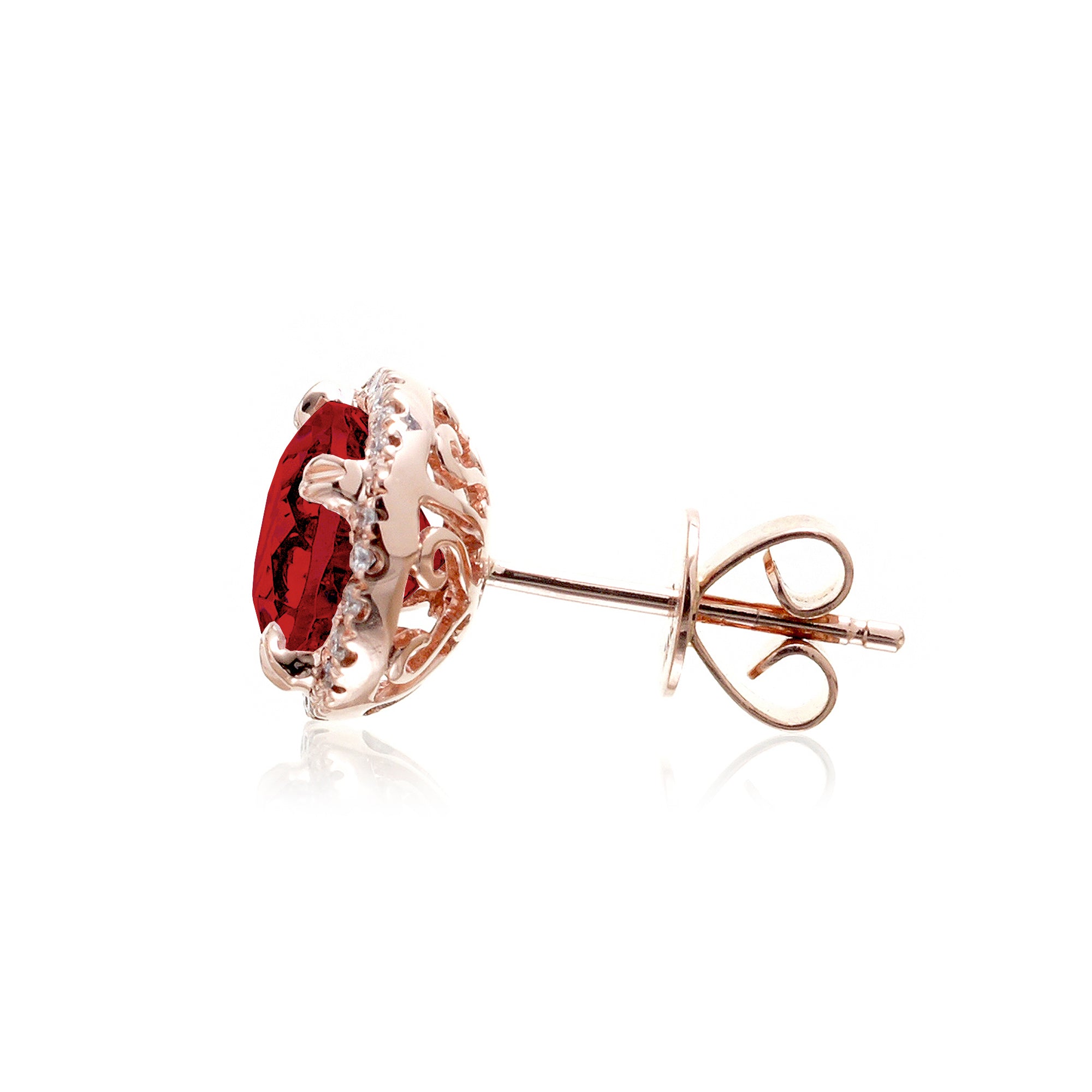 Round ruby stud earrings with diamond halo in rose gold