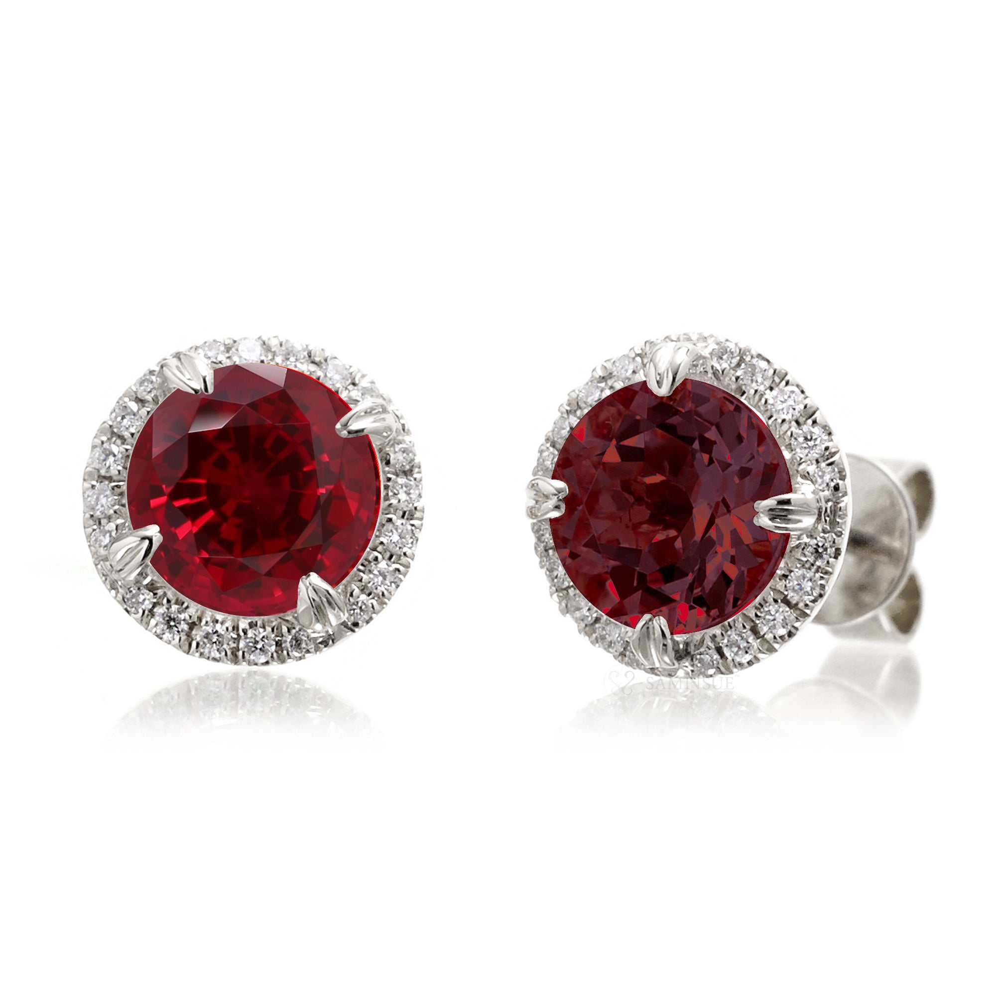 Round ruby stud earrings with diamond halo in white gold