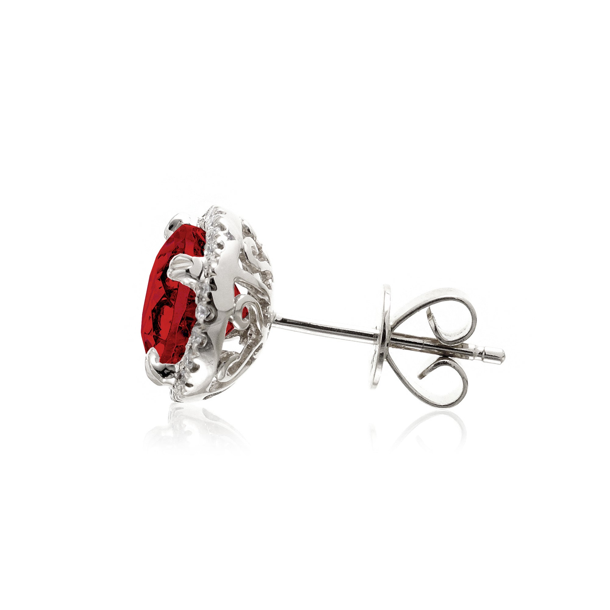 Round ruby stud earrings with diamond halo in white gold