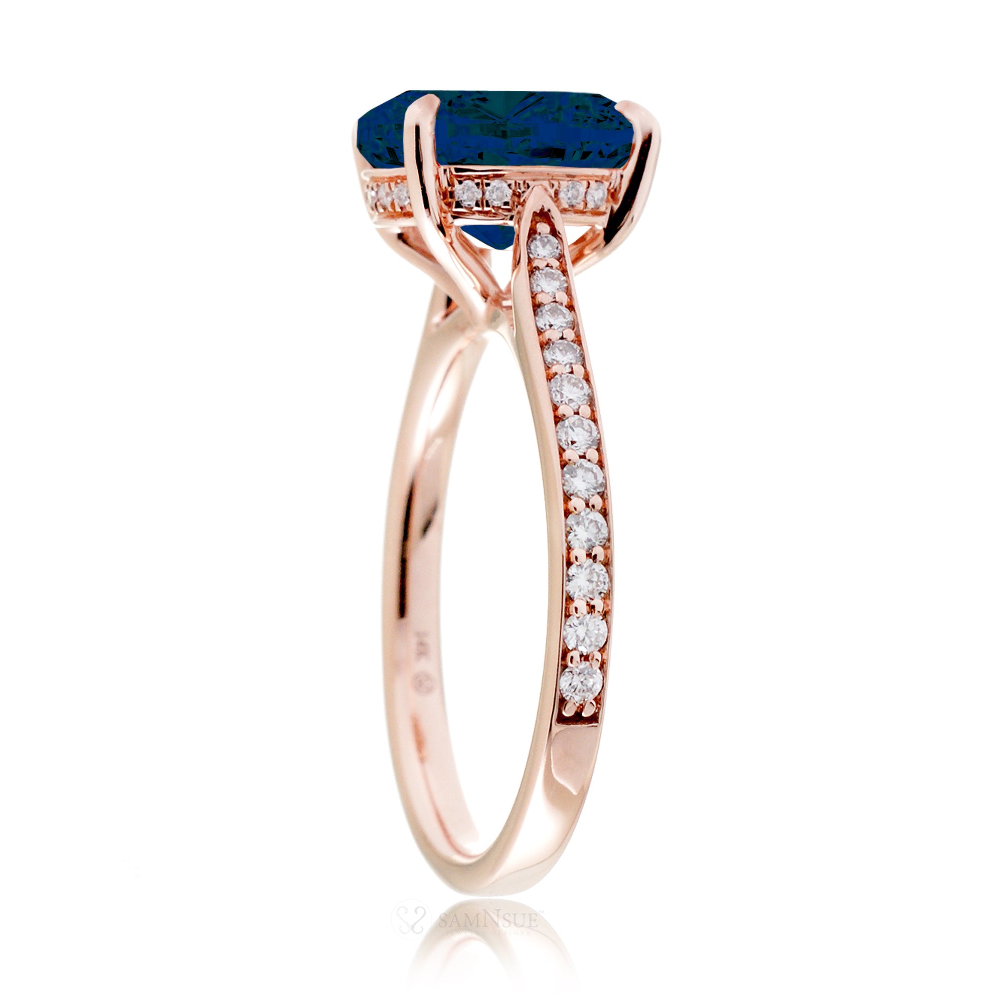 Round blue sapphire engagement ring with diamonds on the band  and hidden halo - the Emily rose gold