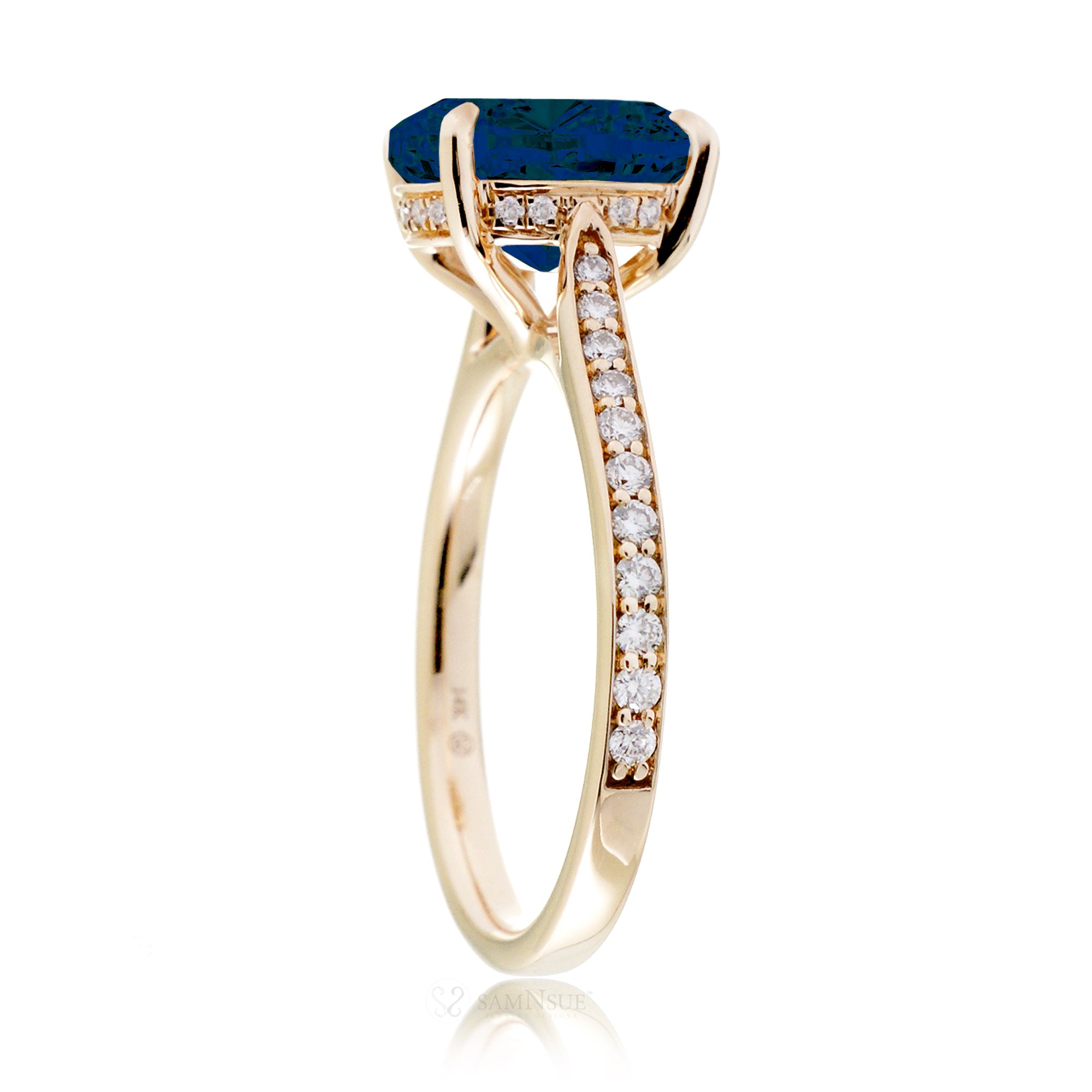 Round blue sapphire engagement ring with diamonds on the band  and hidden halo - the Emily yellow gold