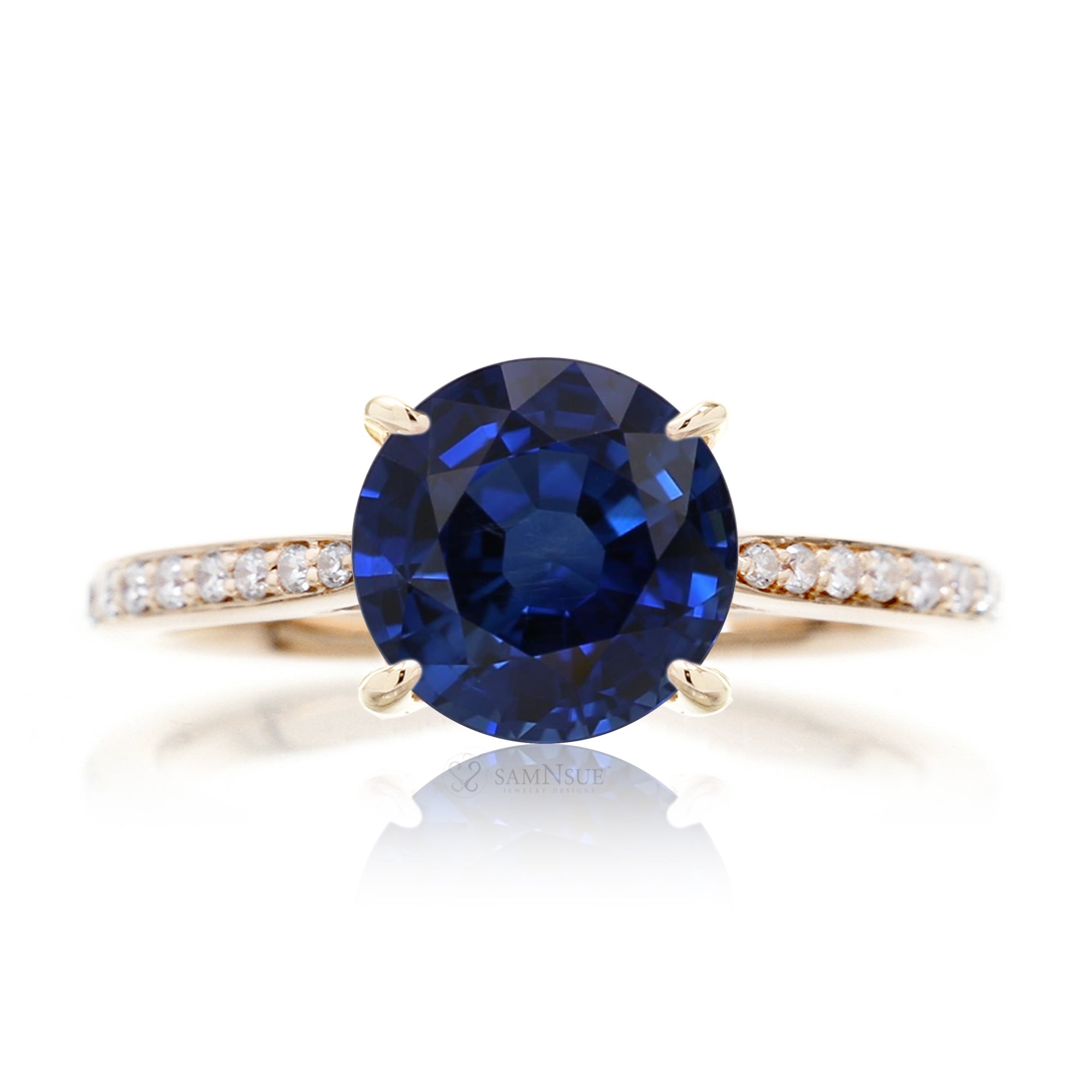 Round blue sapphire engagement ring with diamonds on the band - the Emily yellow gold