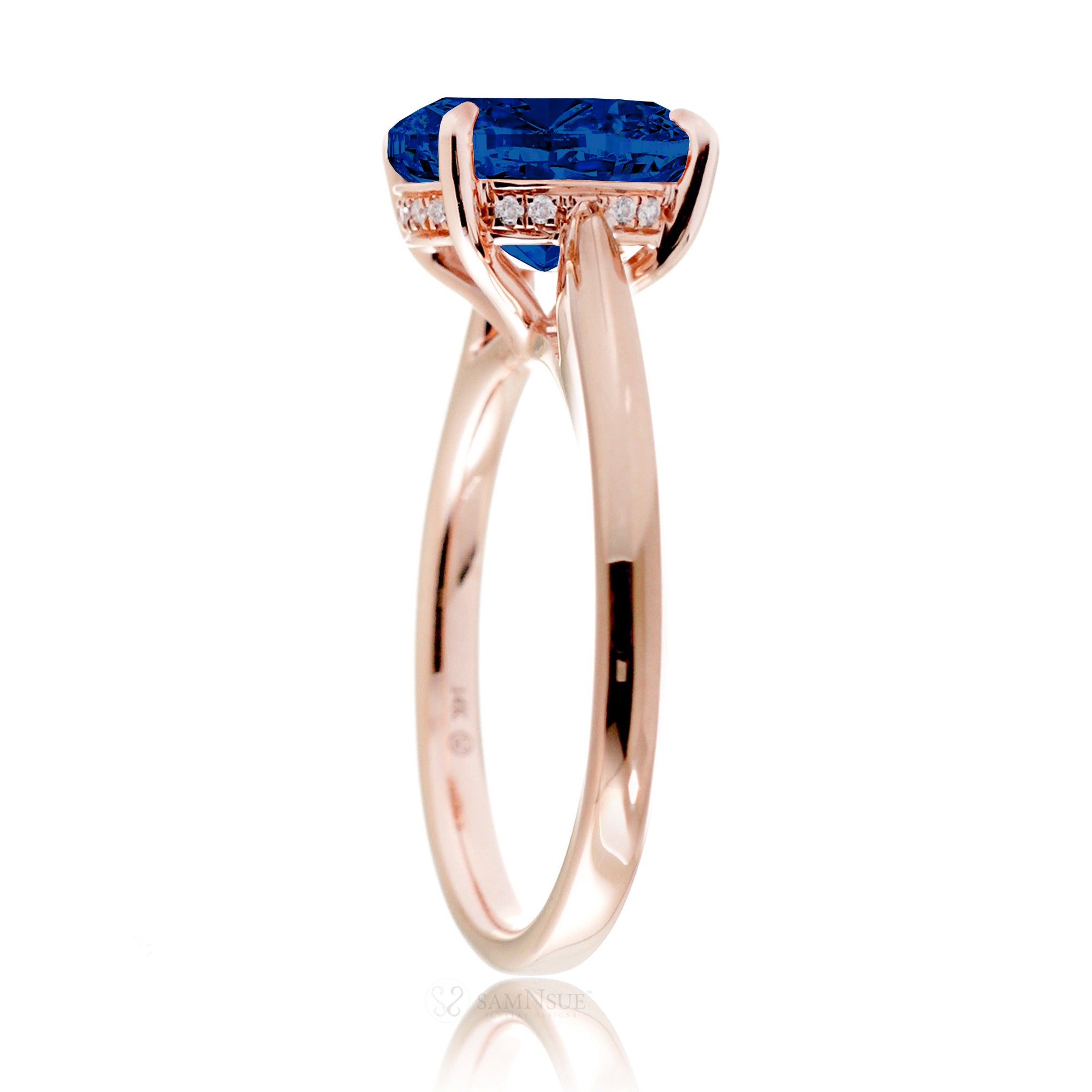 Round blue sapphire engagement ring with a solid band  and hidden halo - the Emily rose gold