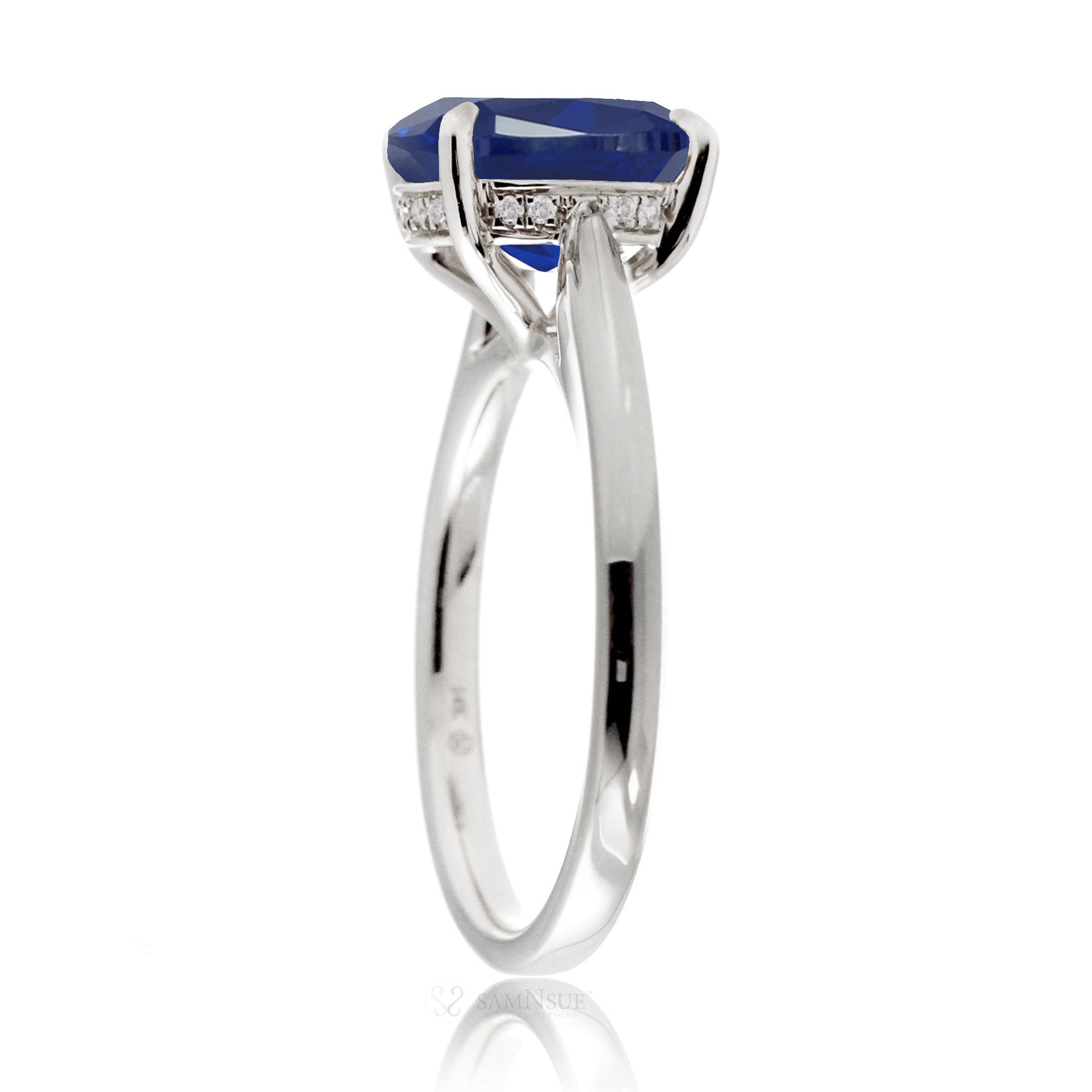 Round blue sapphire engagement ring with a solid band  and hidden halo - the Emily white gold