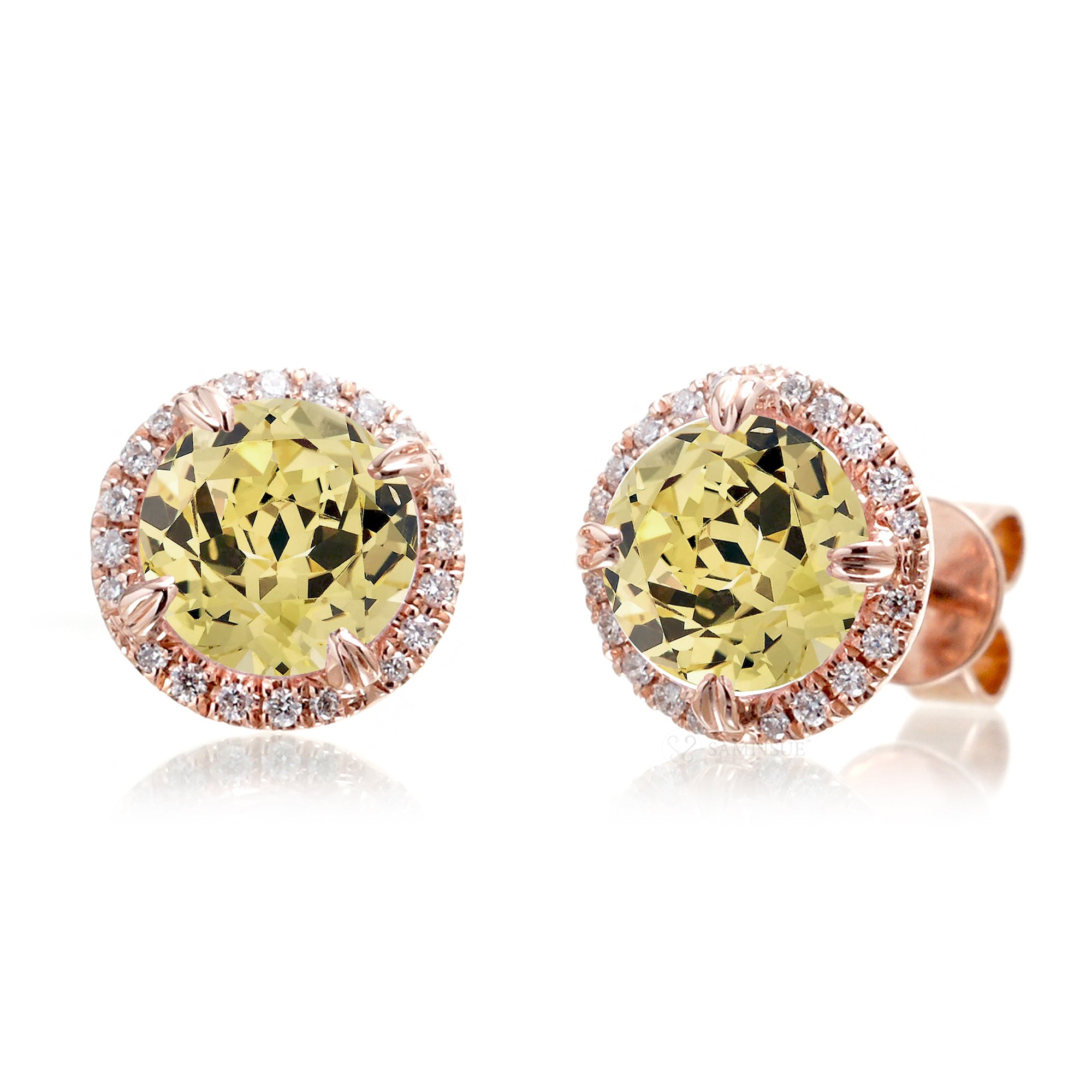 Yellow sapphire stud earrings with diamond halo in rose gold