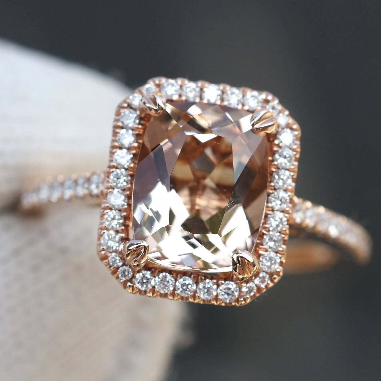 Cushion cut morganite and diamond halo ring the signature rose gold 9x7mm