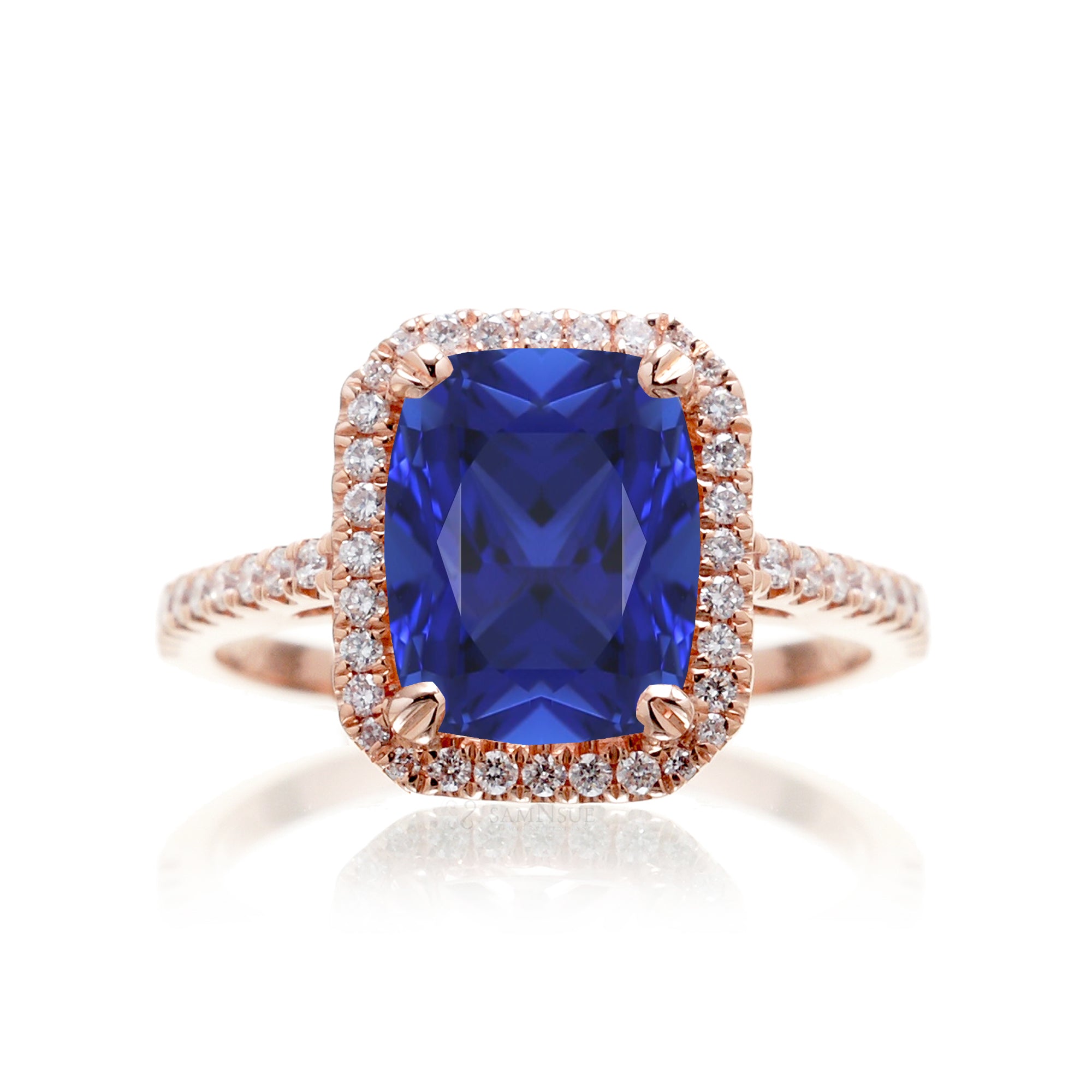 Cushion cut blue sapphire diamond halo ring The Signature in rose gold