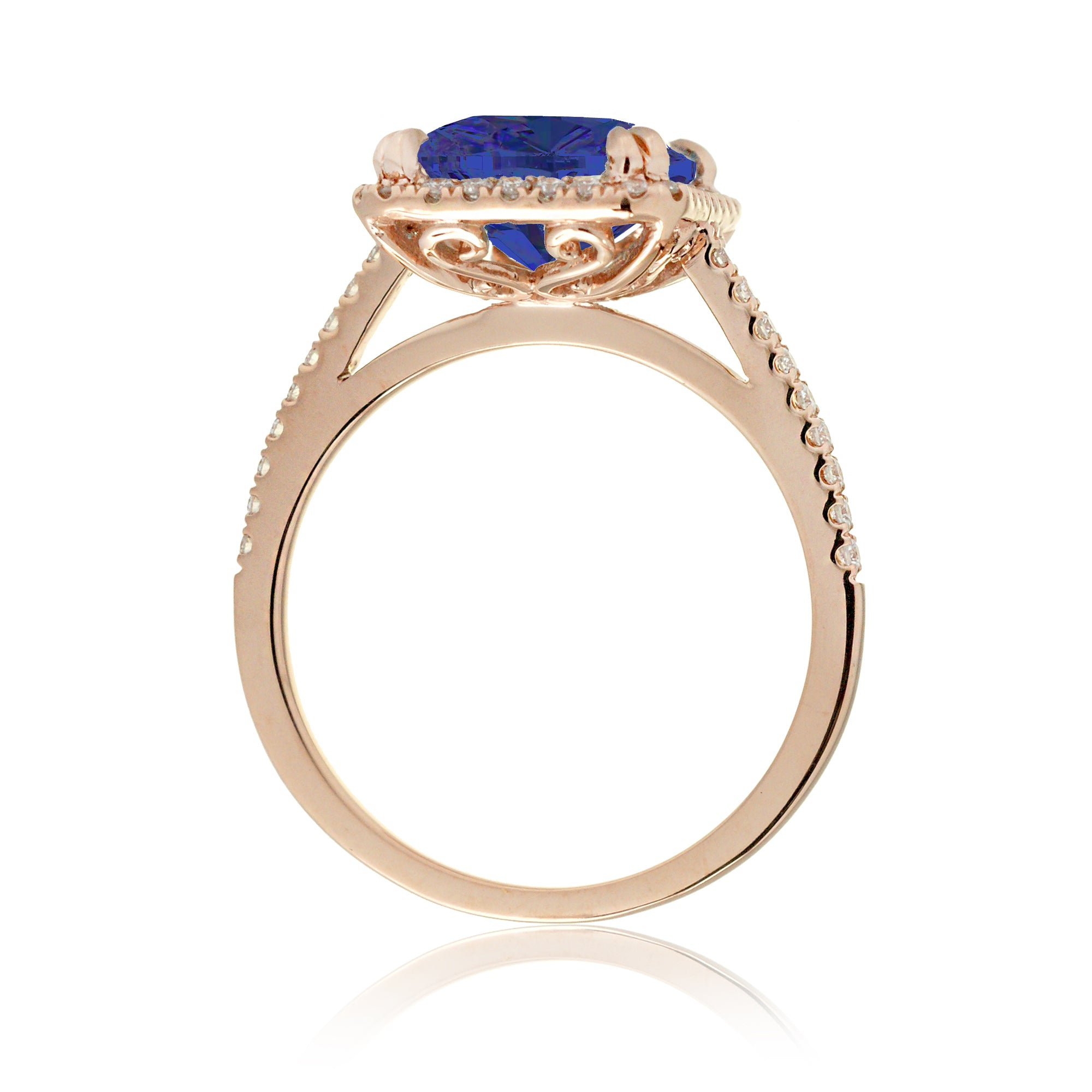 Cushion cut blue sapphire diamond halo ring The Signature in rose gold side view