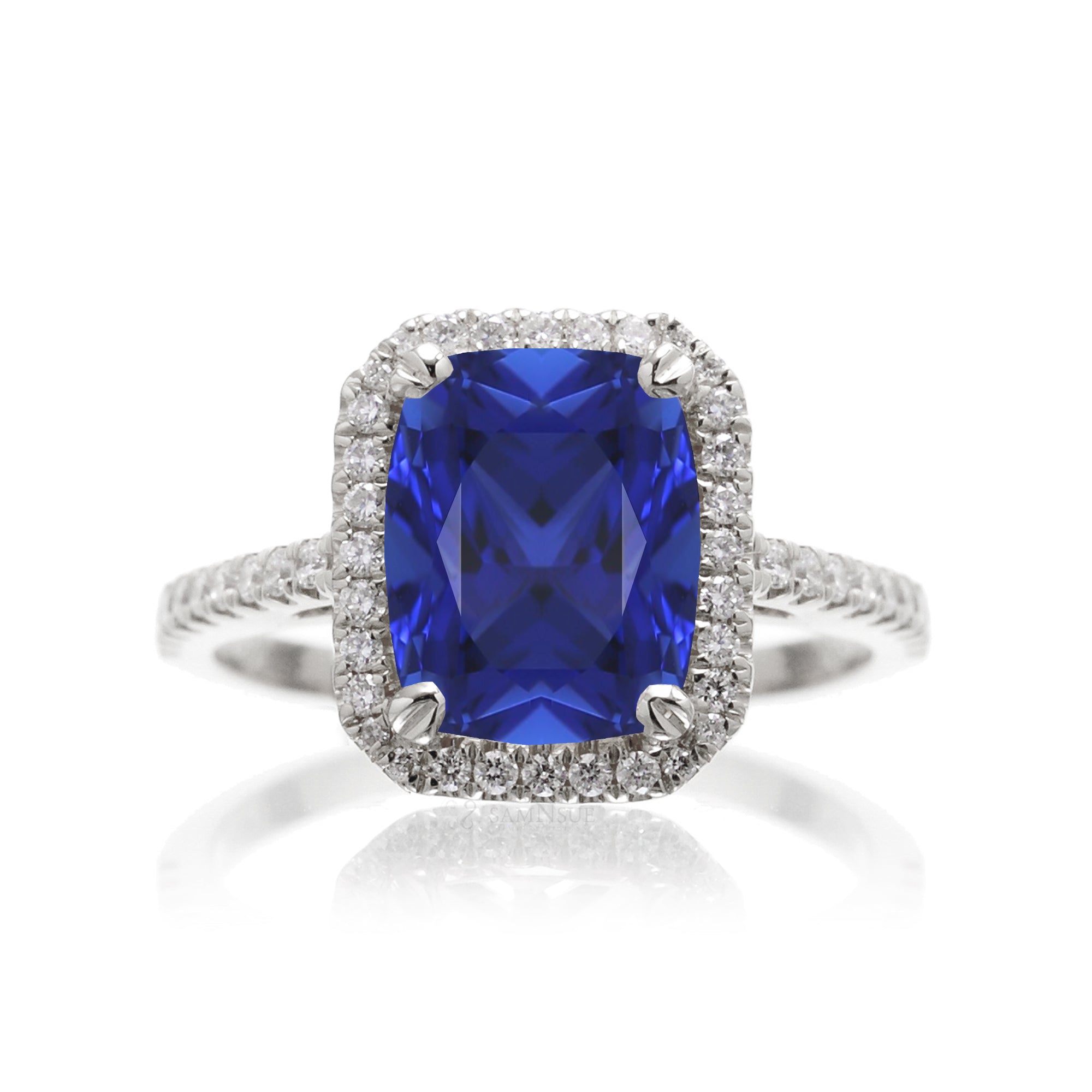 Cushion cut blue sapphire diamond halo ring The Signature in white gold