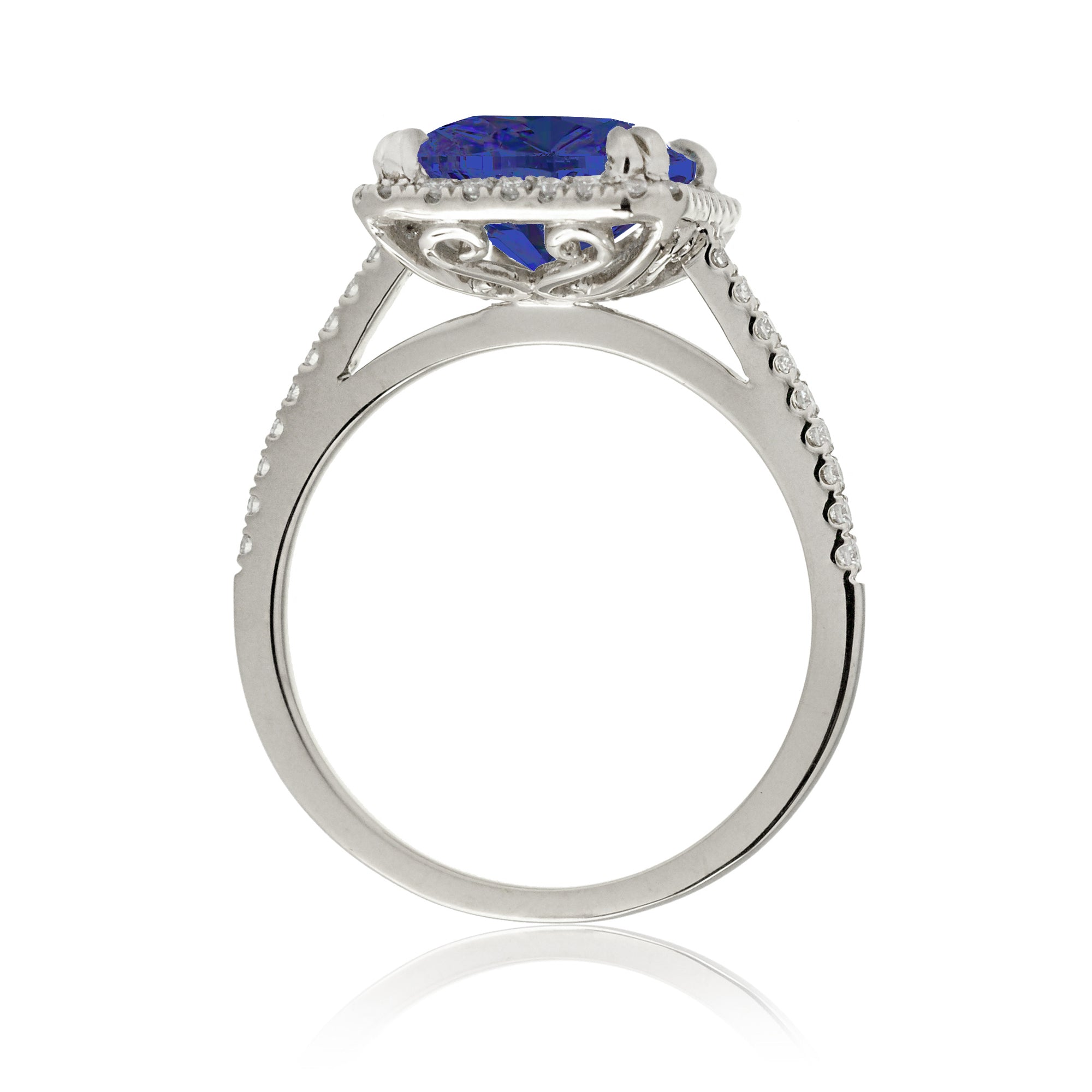 Cushion cut blue sapphire diamond halo ring The Signature in white gold side view