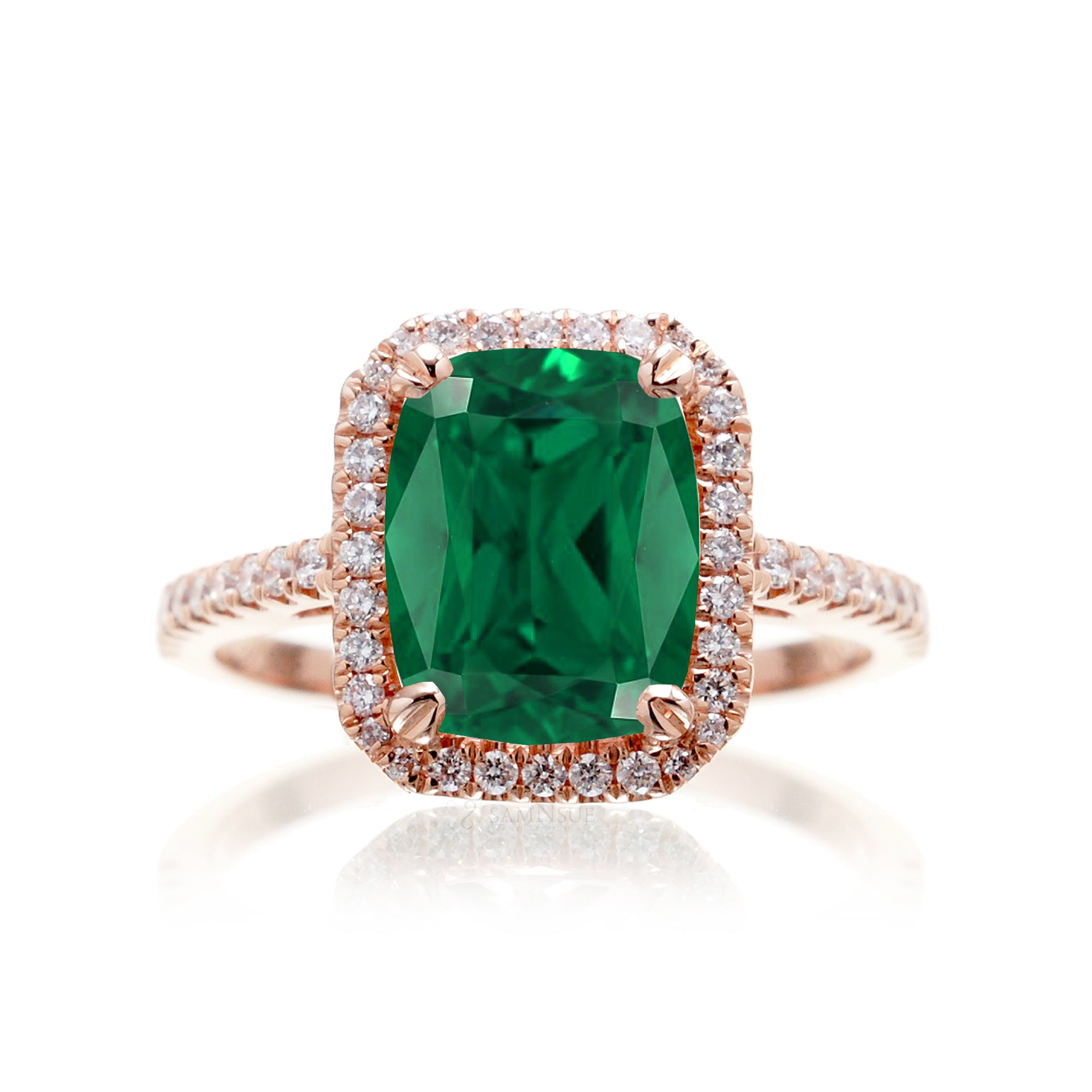 Cushion Cut green emerald diamond halo engagement ring the signature rose gold