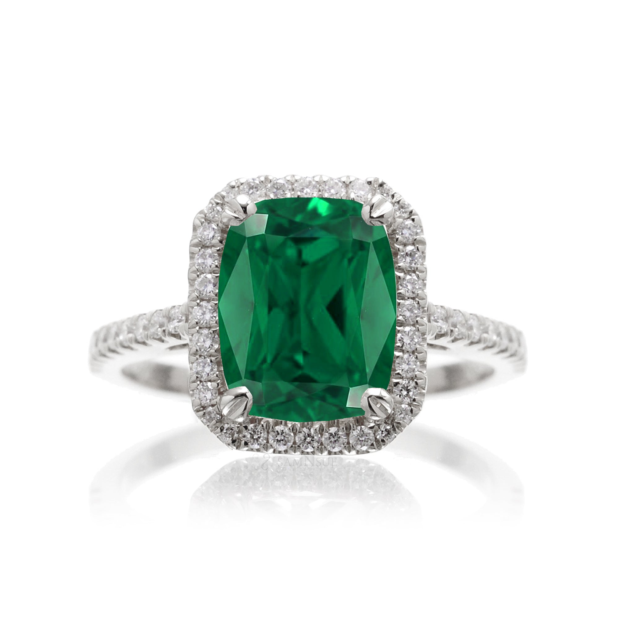 Cushion Cut green emerald diamond halo engagement ring the signature white gold