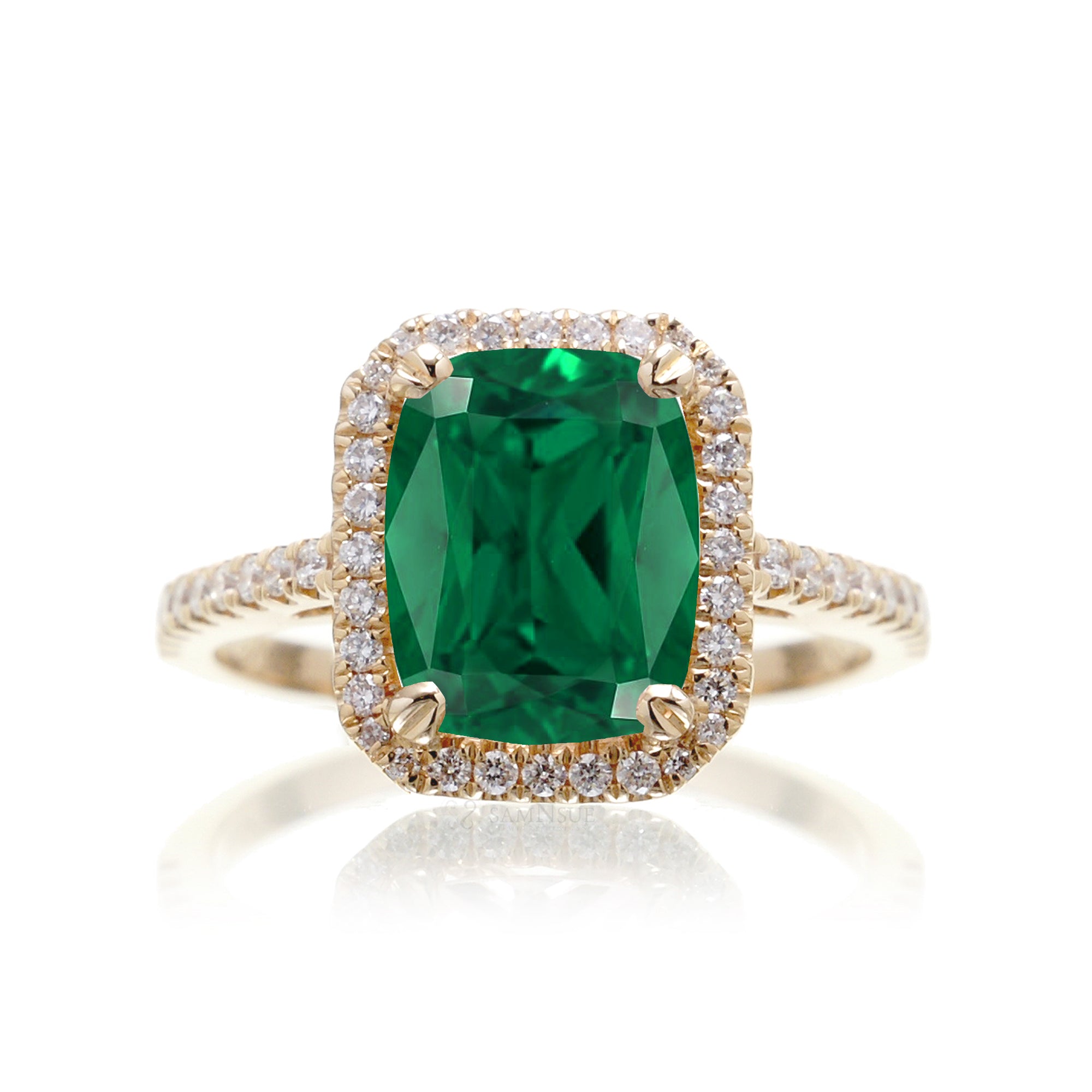 Cushion Cut green emerald diamond halo engagement ring the signature yellow gold