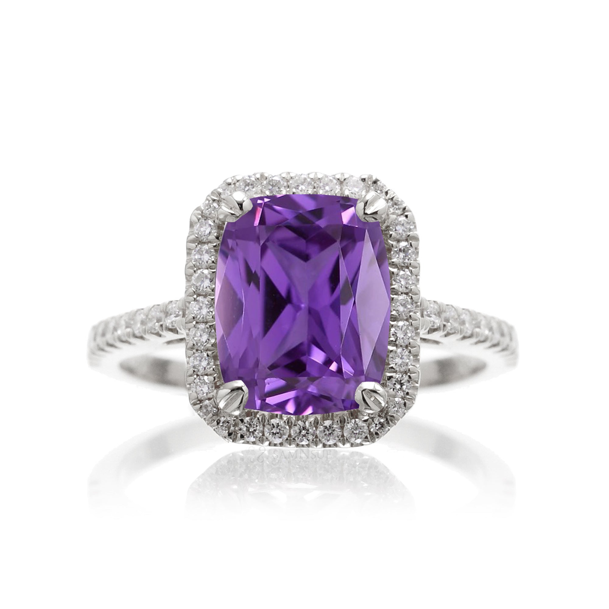 Cushion Cut purple sapphire amethyst diamond halo engagement ring the signature white gold